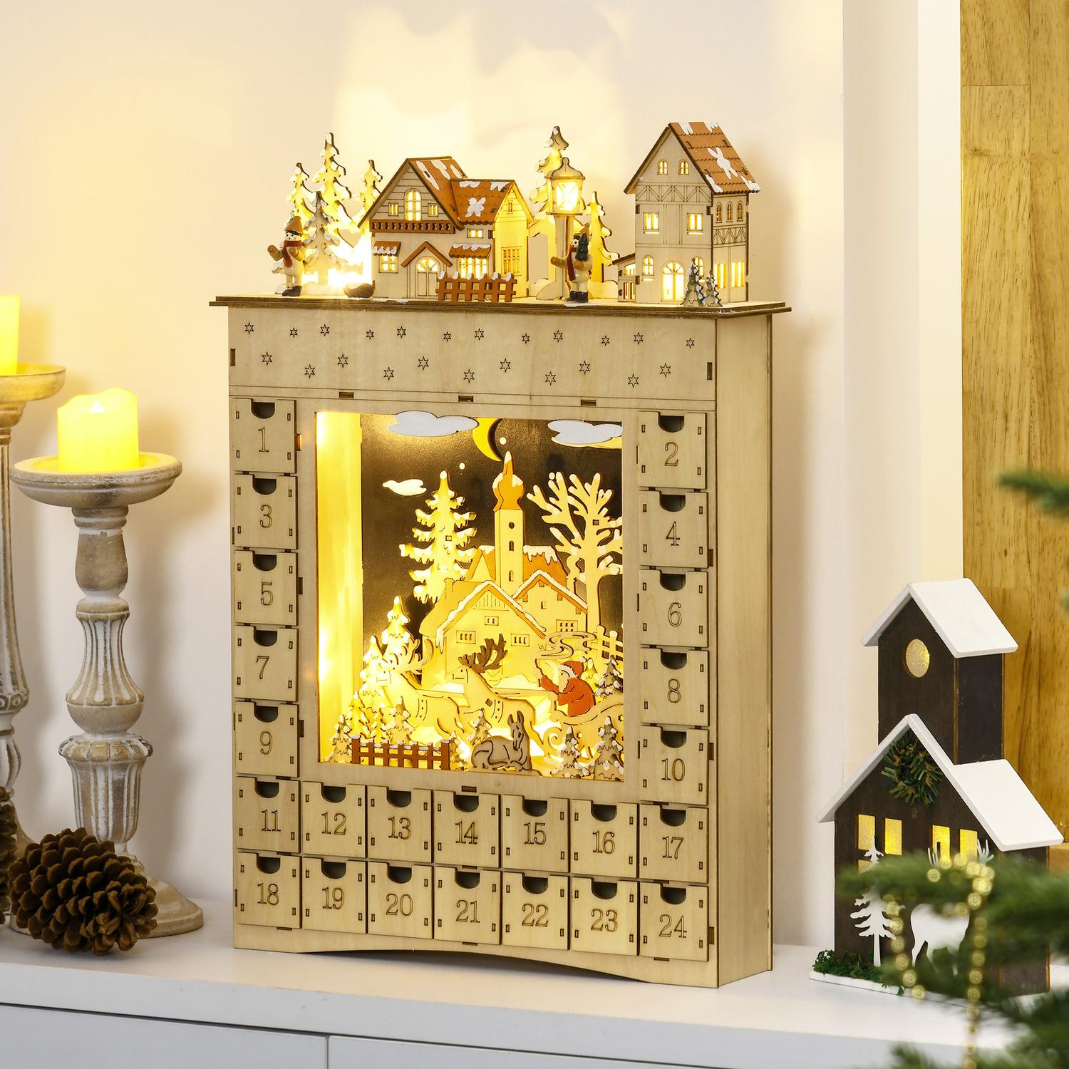 Träadventskalender med LED-lampor, 24-dagars nedräkning