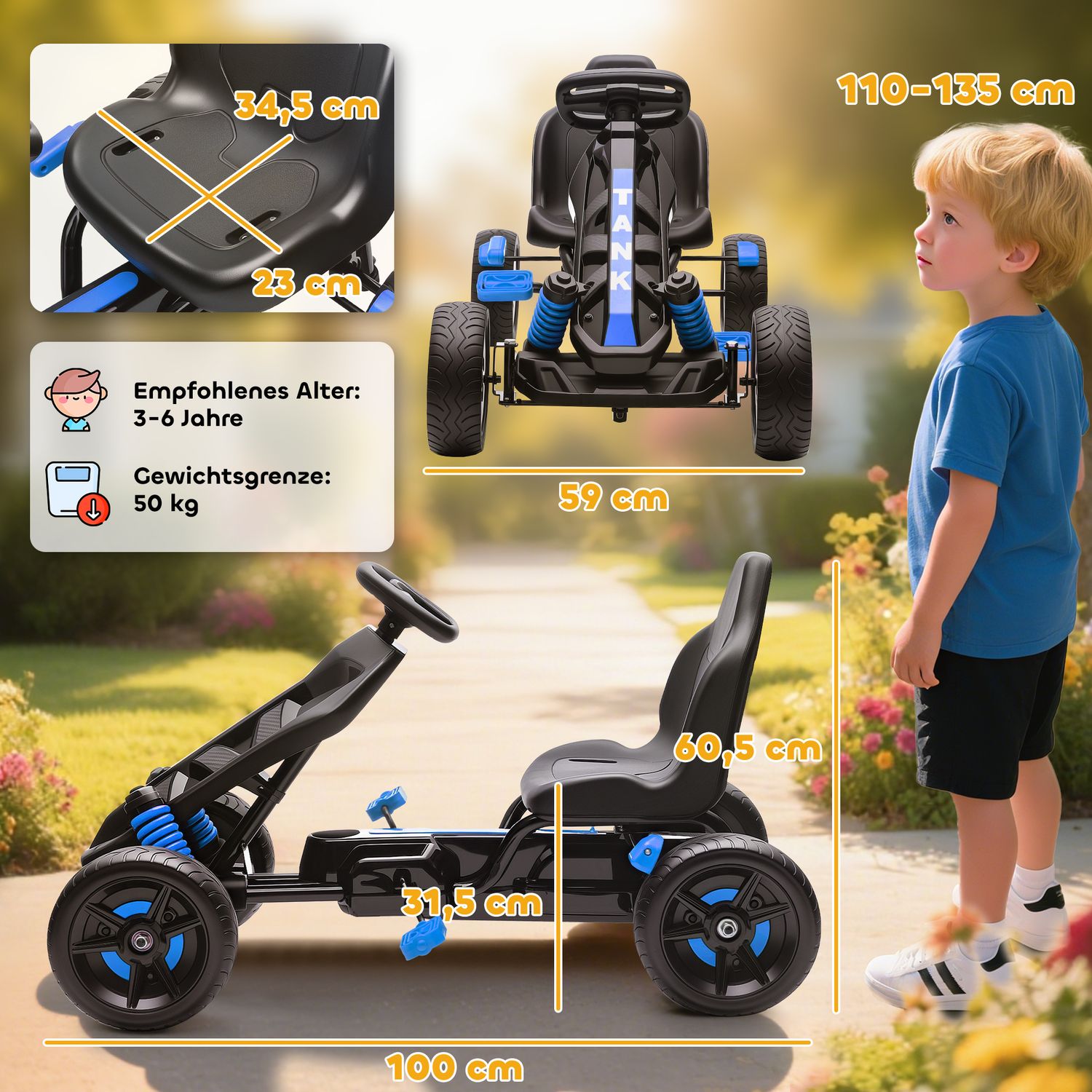 Trampgokart för barn, broms, halkfria hjul, 3-6 år