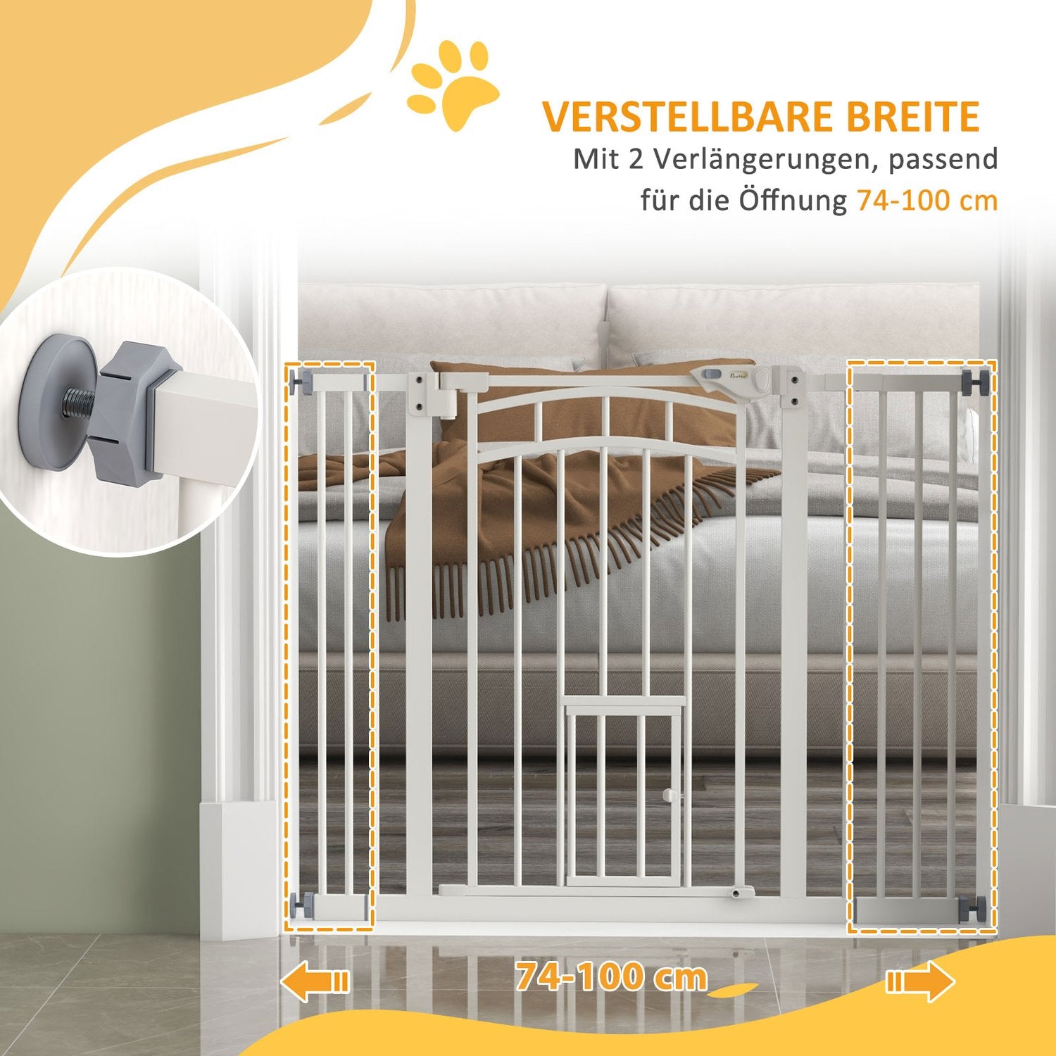Auto-Close Pet Gate med kattlucka, 74-100 cm, Vit