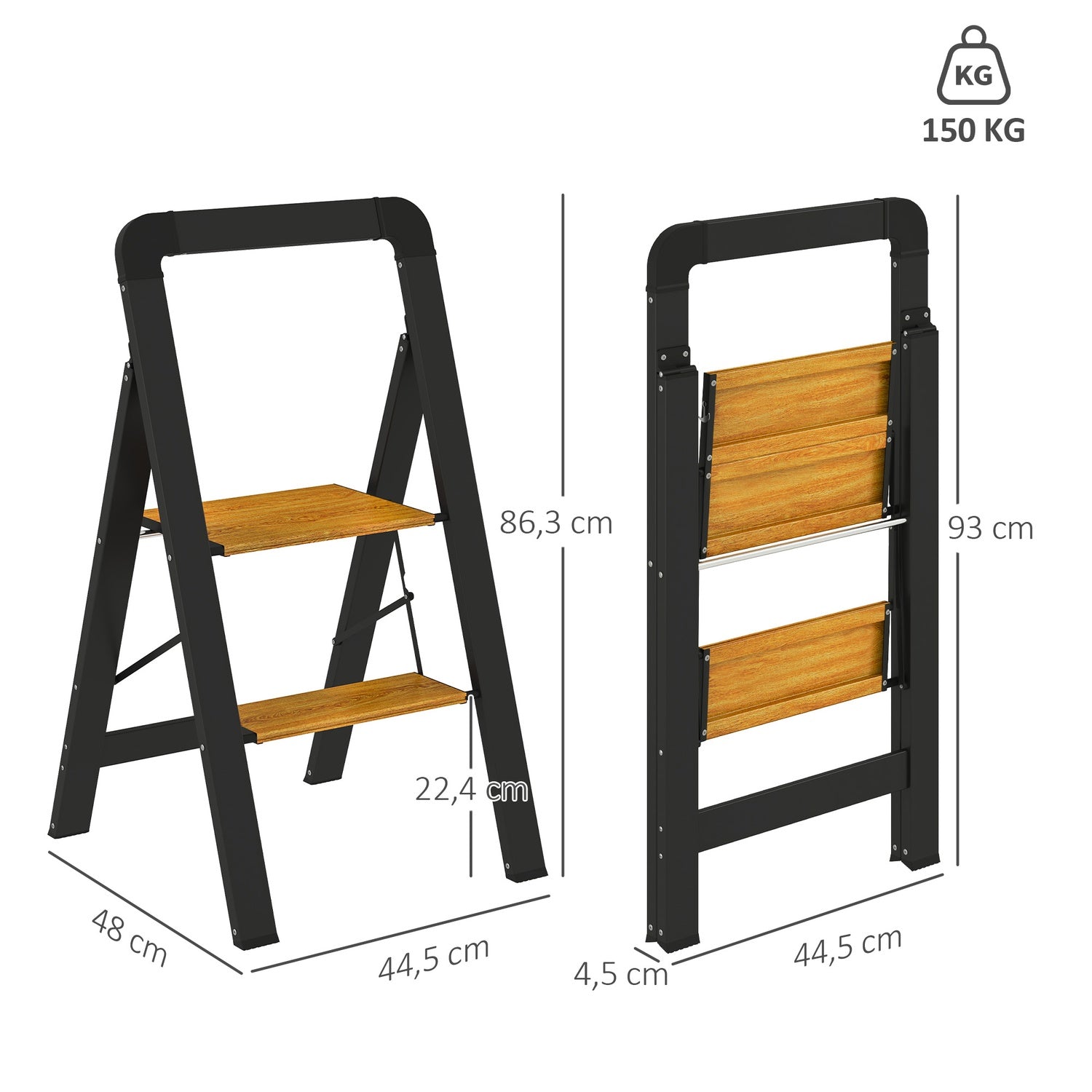 Stege av aluminium – 2 steg, halkfri, 150 kg kapacitet