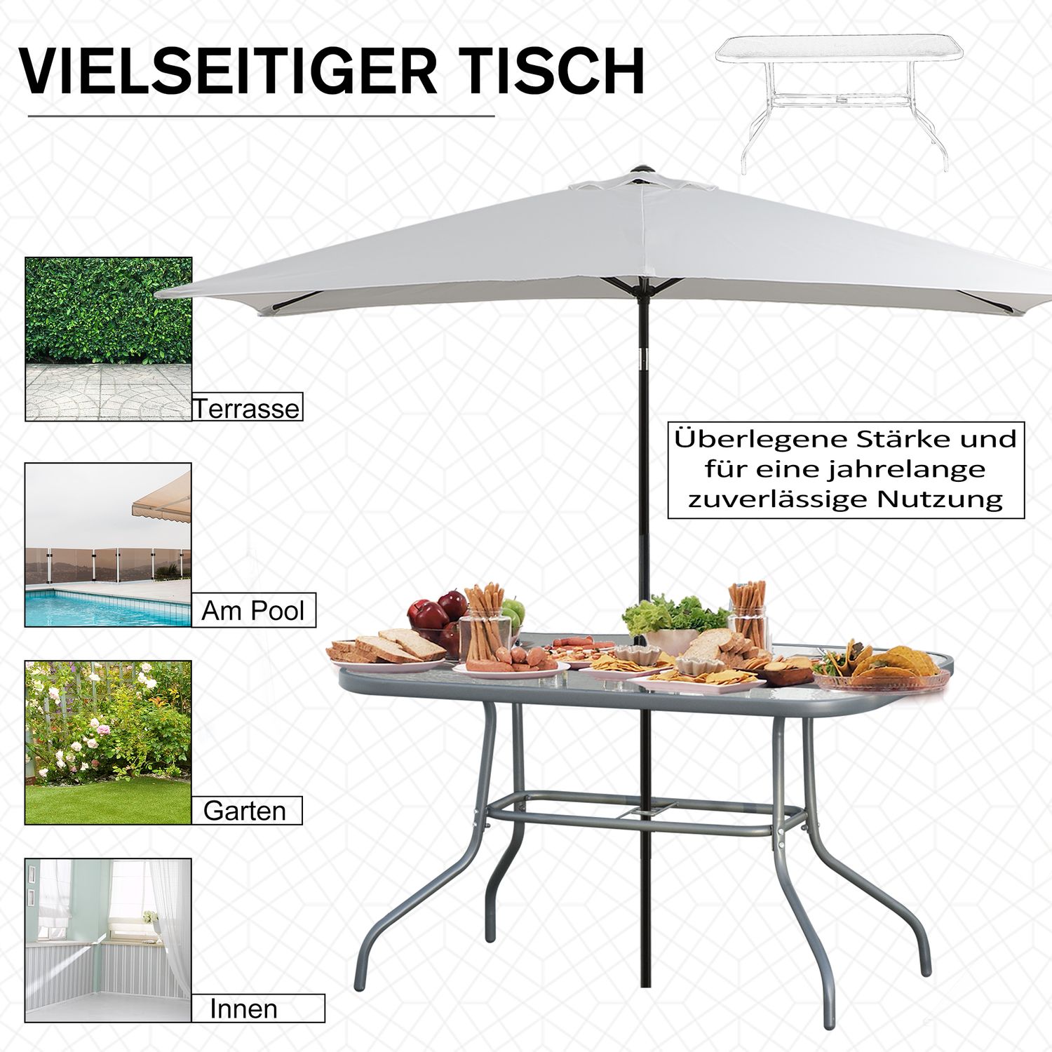 Trädgårdsbistrobord, Skiva i härdat glas, 120x80x70 cm