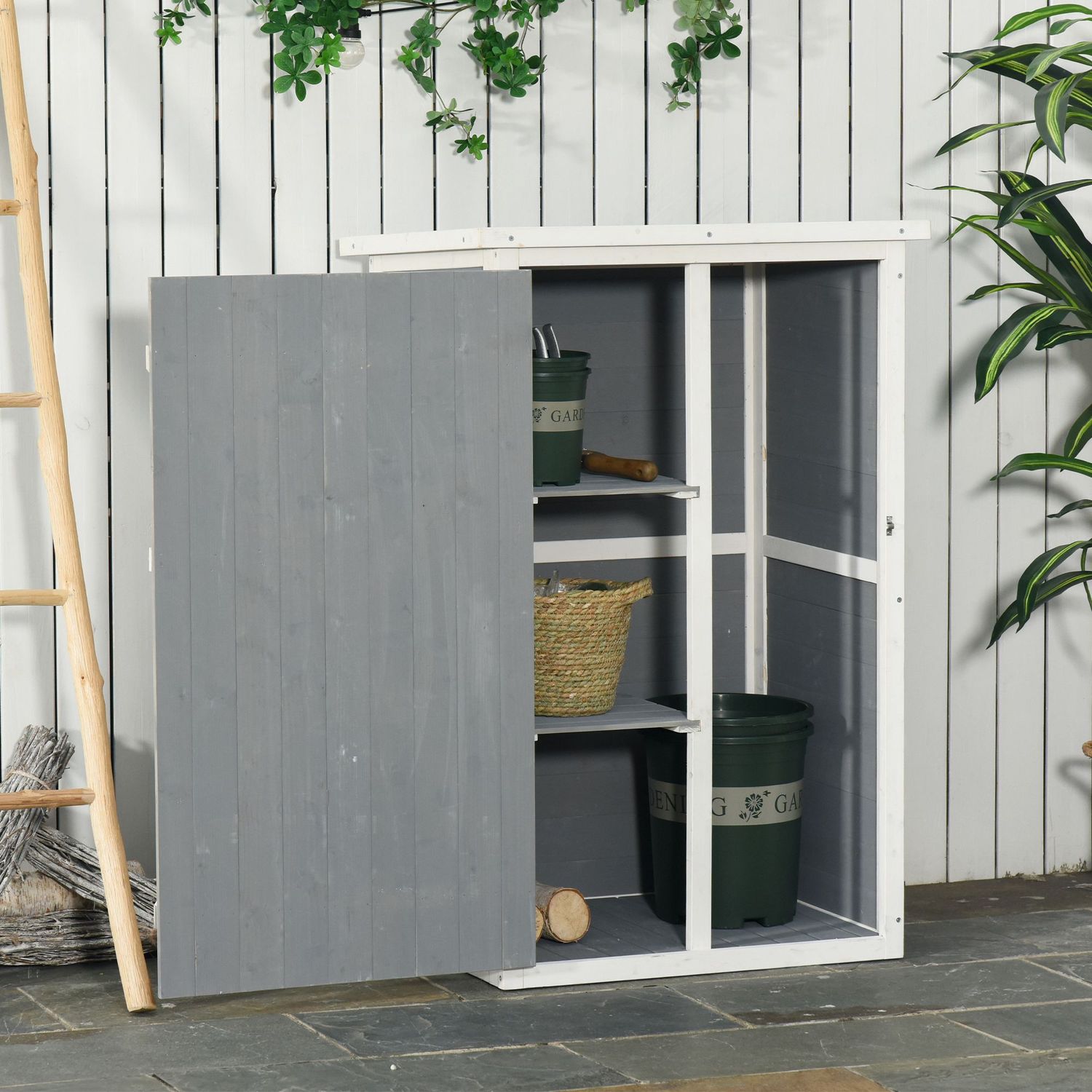 Verktygsförvaring för trädgårdsskjul, gran, 75x56x115cm, svart/grå/vit