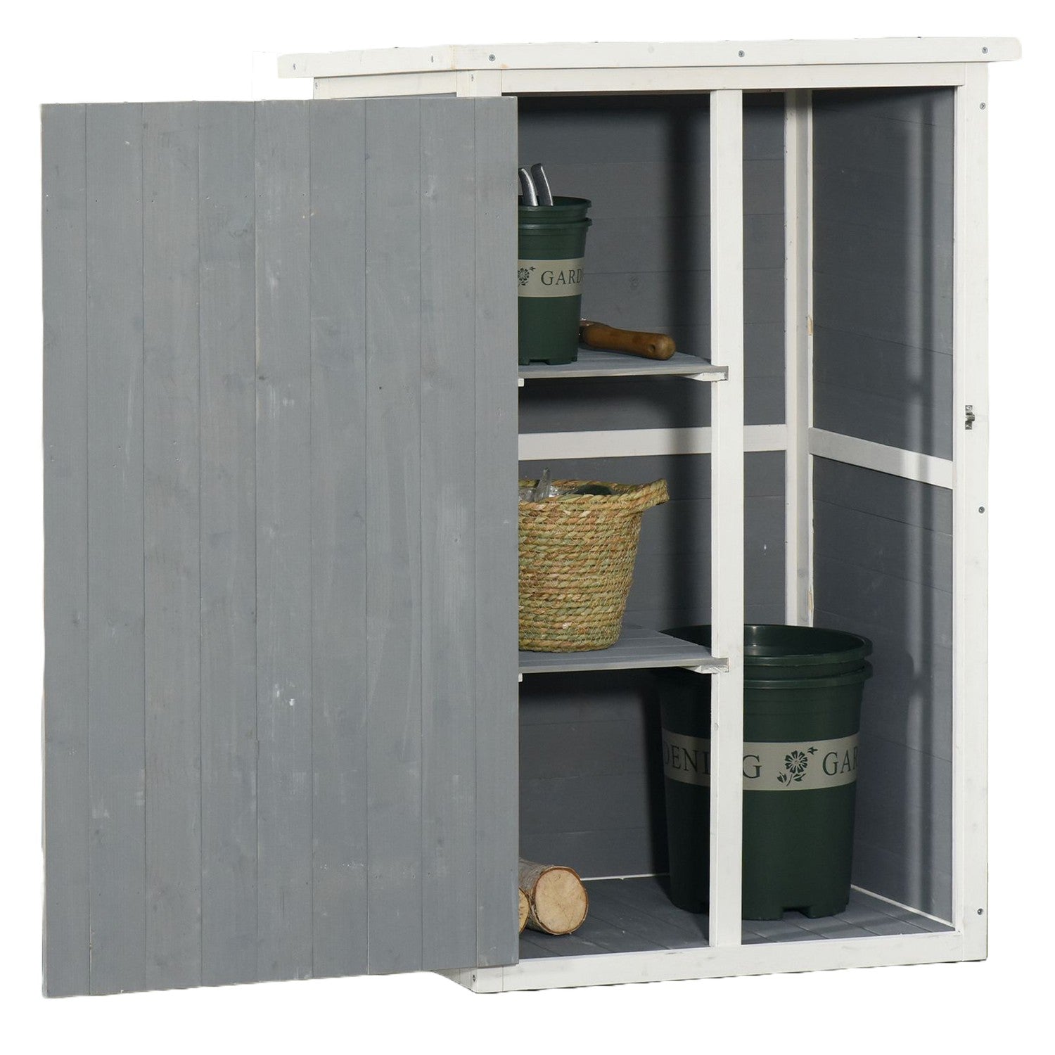 Verktygsförvaring för trädgårdsskjul, gran, 75x56x115cm, svart/grå/vit