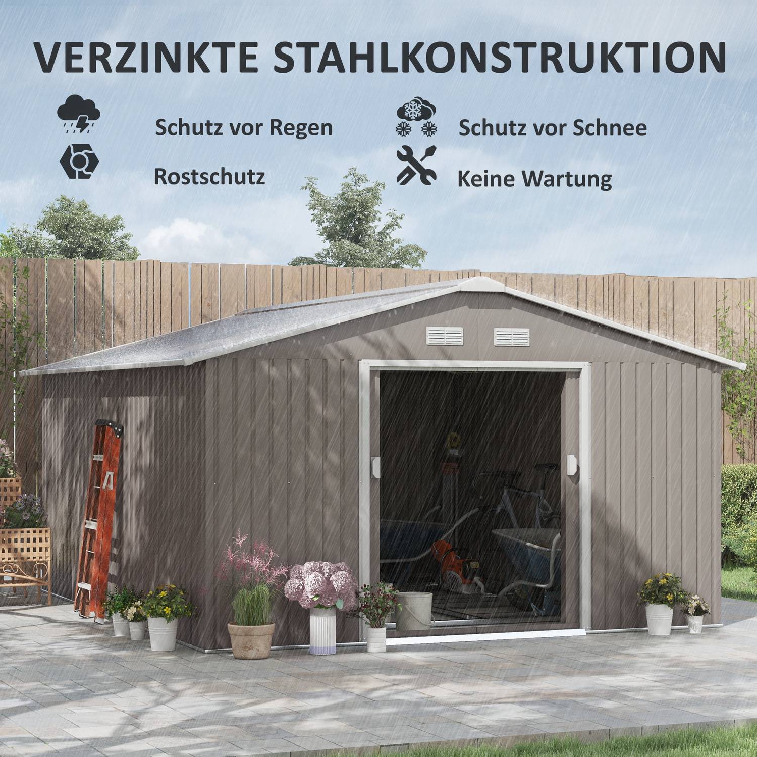 Trädgårdsbod, väderbeständigt stål, 12,4 m², skjutdörr