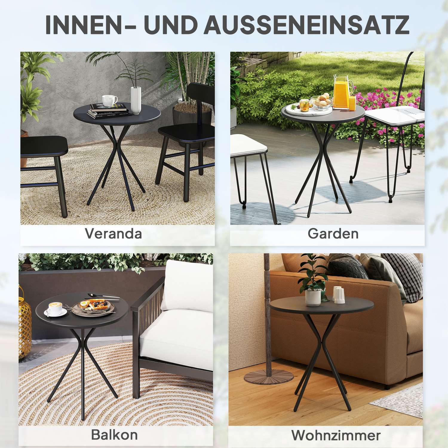 Runt svart utomhusstålbord, Ø60 x 70 cm – väderbeständigt & vadderat