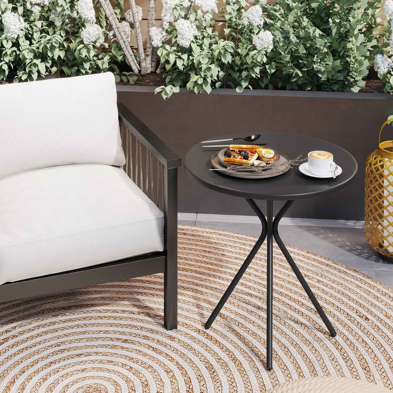 Runt svart utomhusstålbord, Ø60 x 70 cm – väderbeständigt & vadderat