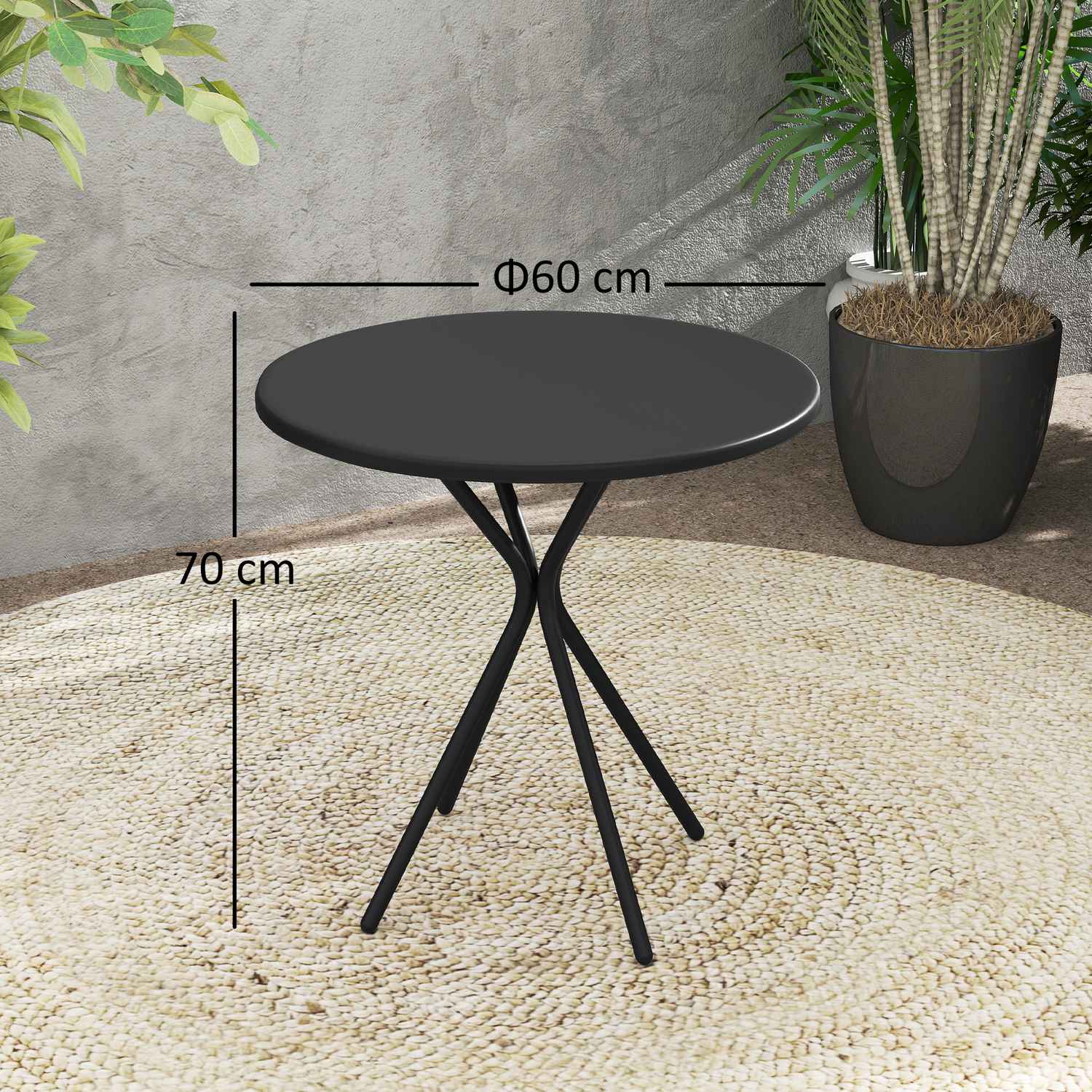 Runt svart utomhusstålbord, Ø60 x 70 cm – väderbeständigt & vadderat