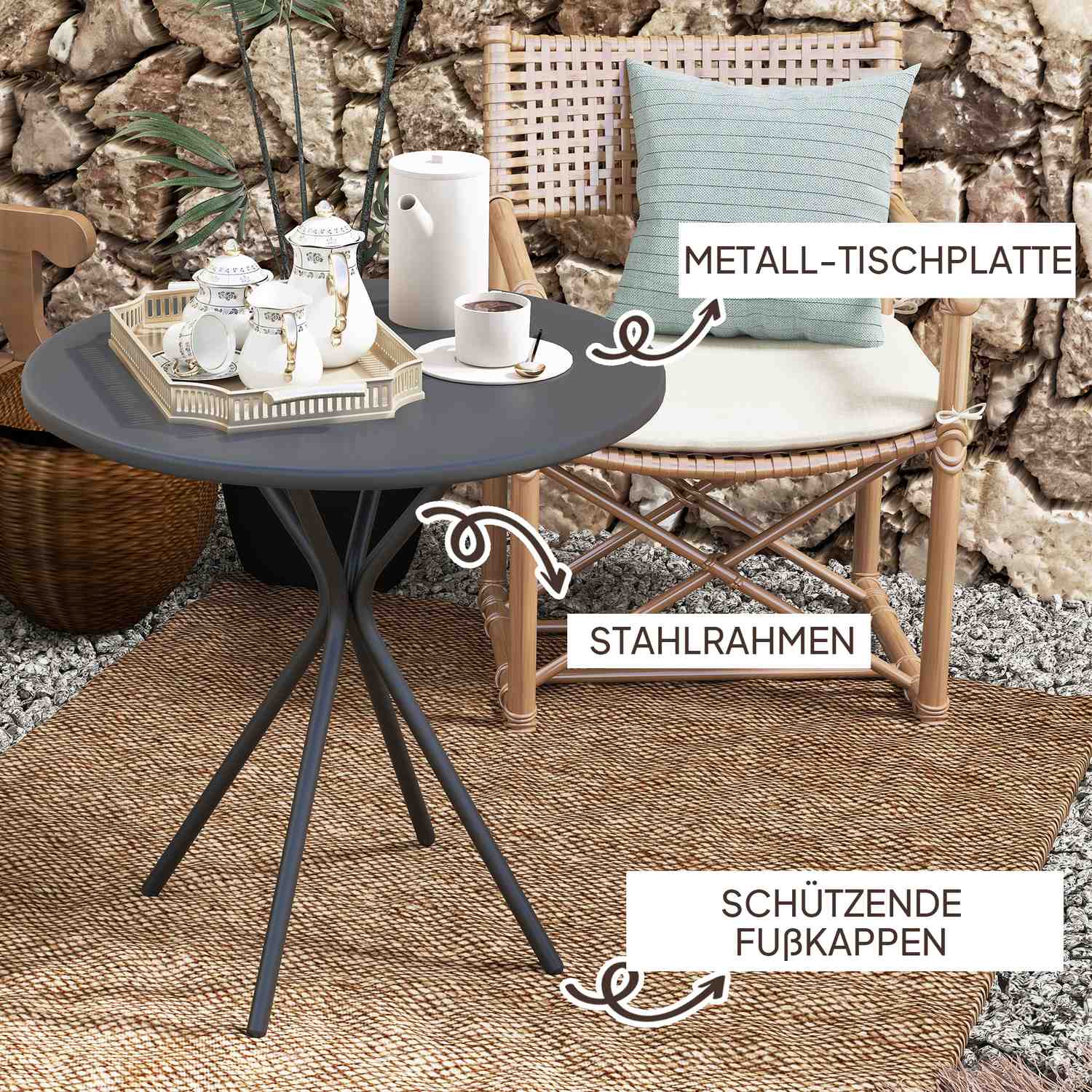 Runt svart utomhusstålbord, Ø60 x 70 cm – väderbeständigt & vadderat