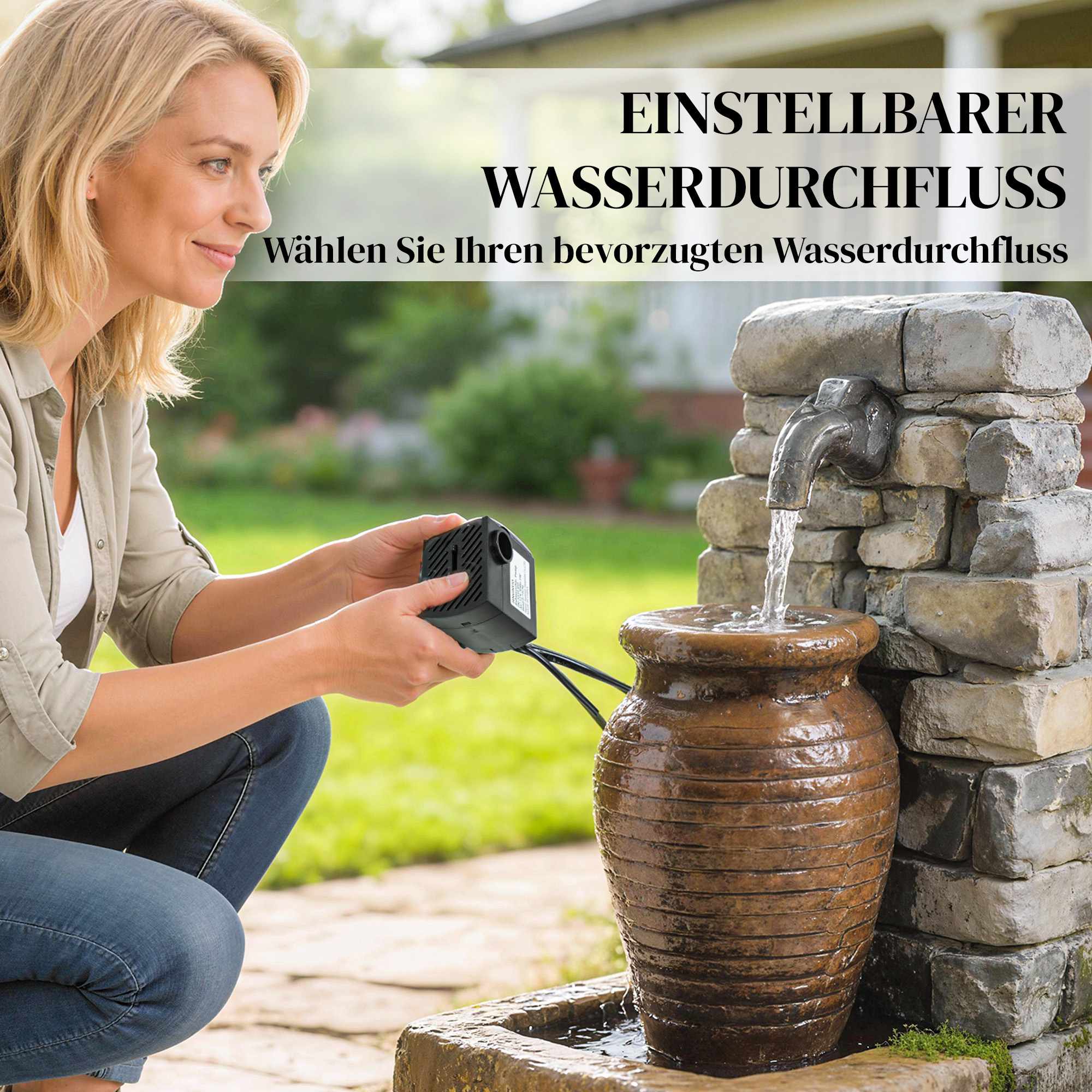 Trädgårdsfontän med LED-lampor, justerbart vattenflöde