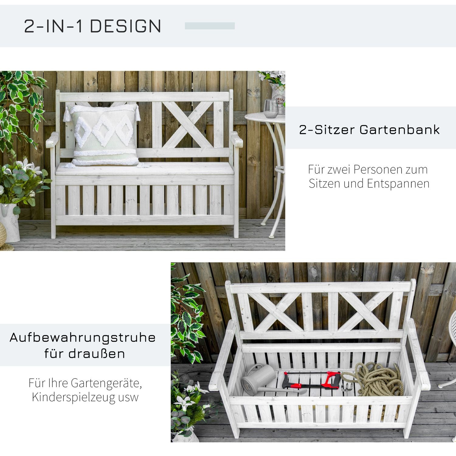 Trädgårdsförvaringsbänk, 2-sits med dyna, vit 115 cm