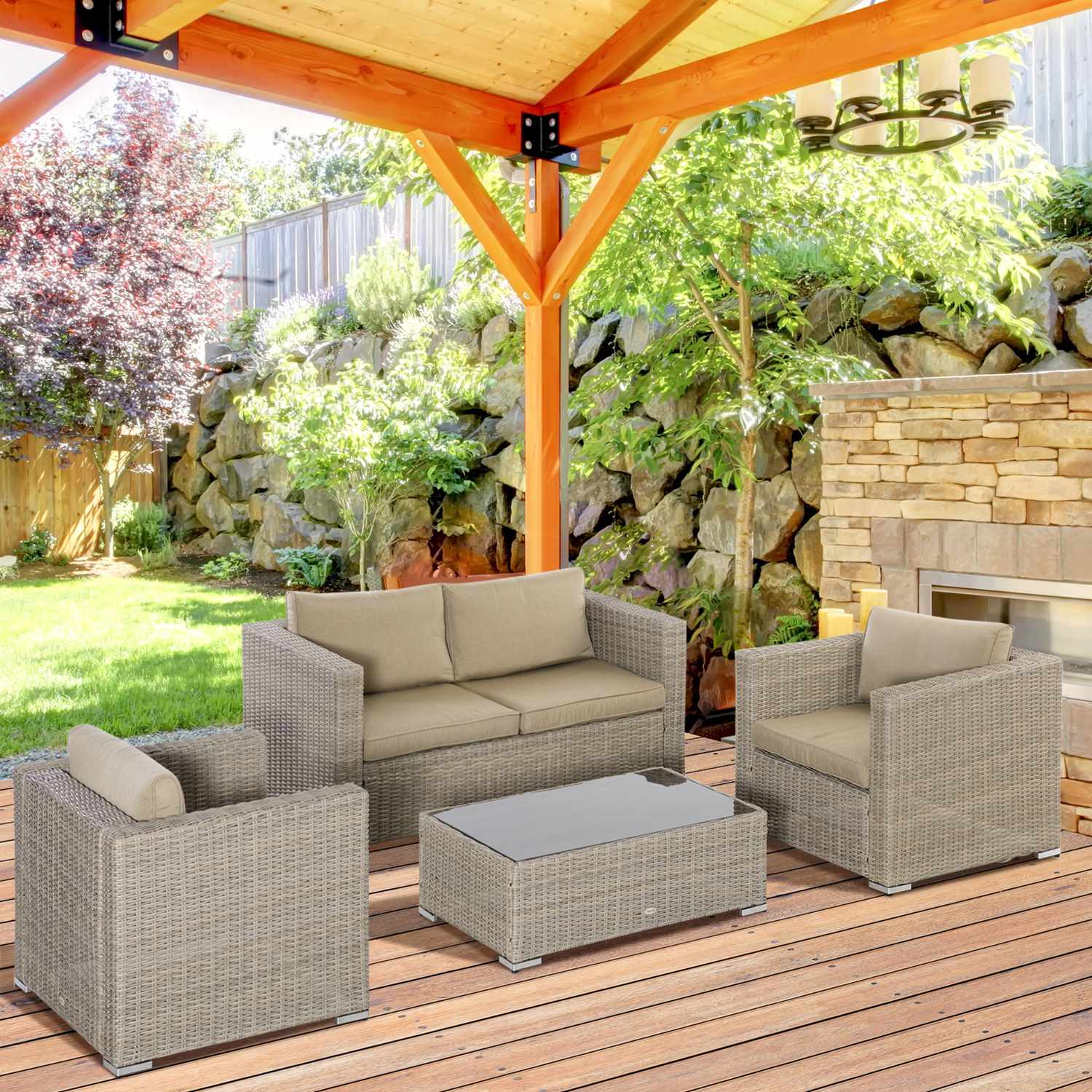 Trädgårdsloungeset i polyrattan för 4 med kuddar, Khaki Beige