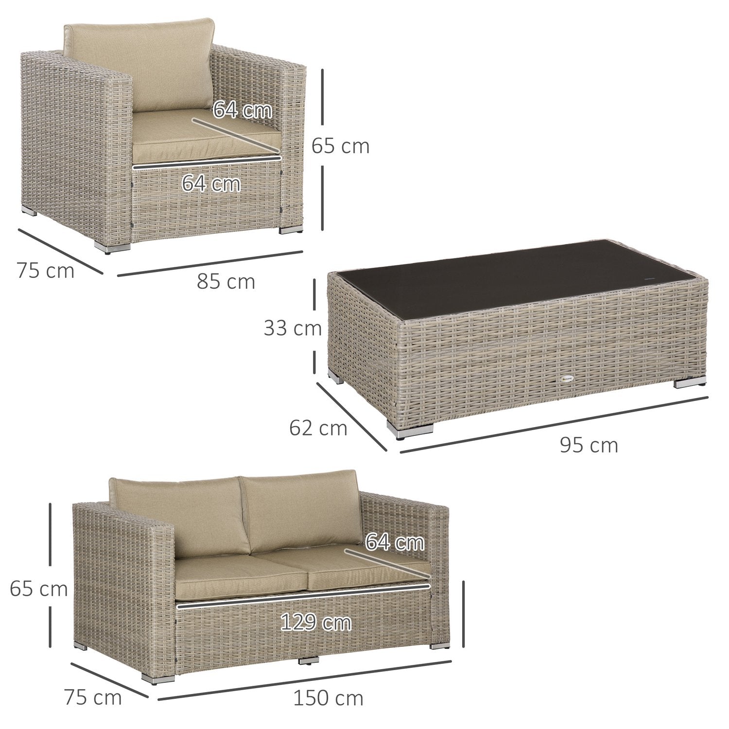 Trädgårdsloungeset i polyrattan för 4 med kuddar, Khaki Beige