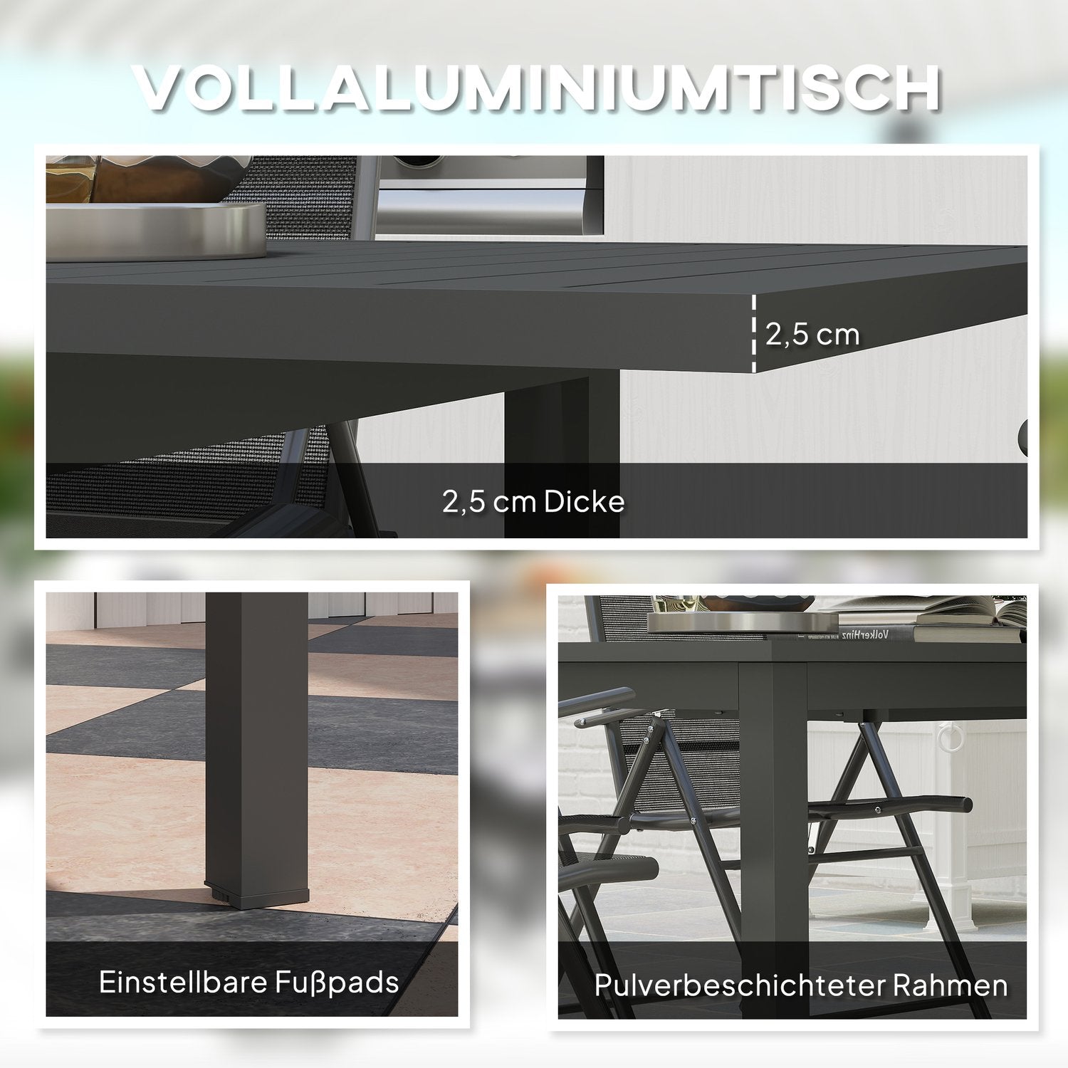 Trädgårdsmatbord i aluminium, utdragbart väderbeständigt – grått