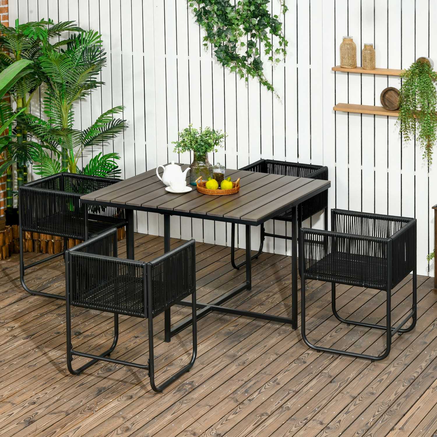 Trädgårdsmatset i polyrattan – 5 delar, inklusive bord och stolar
