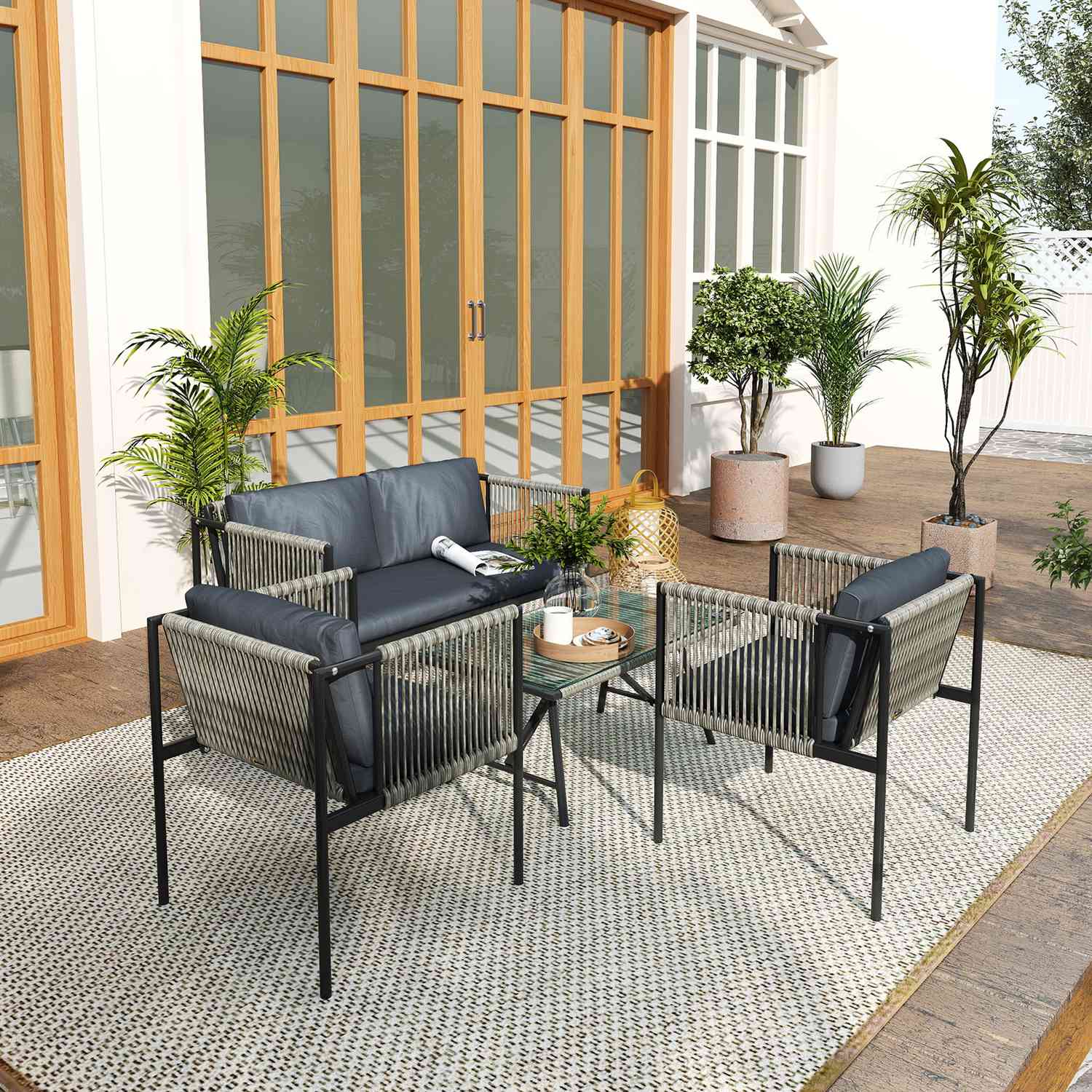 Trädgårdsmöbelset i polyrattan med kuddar – Grå