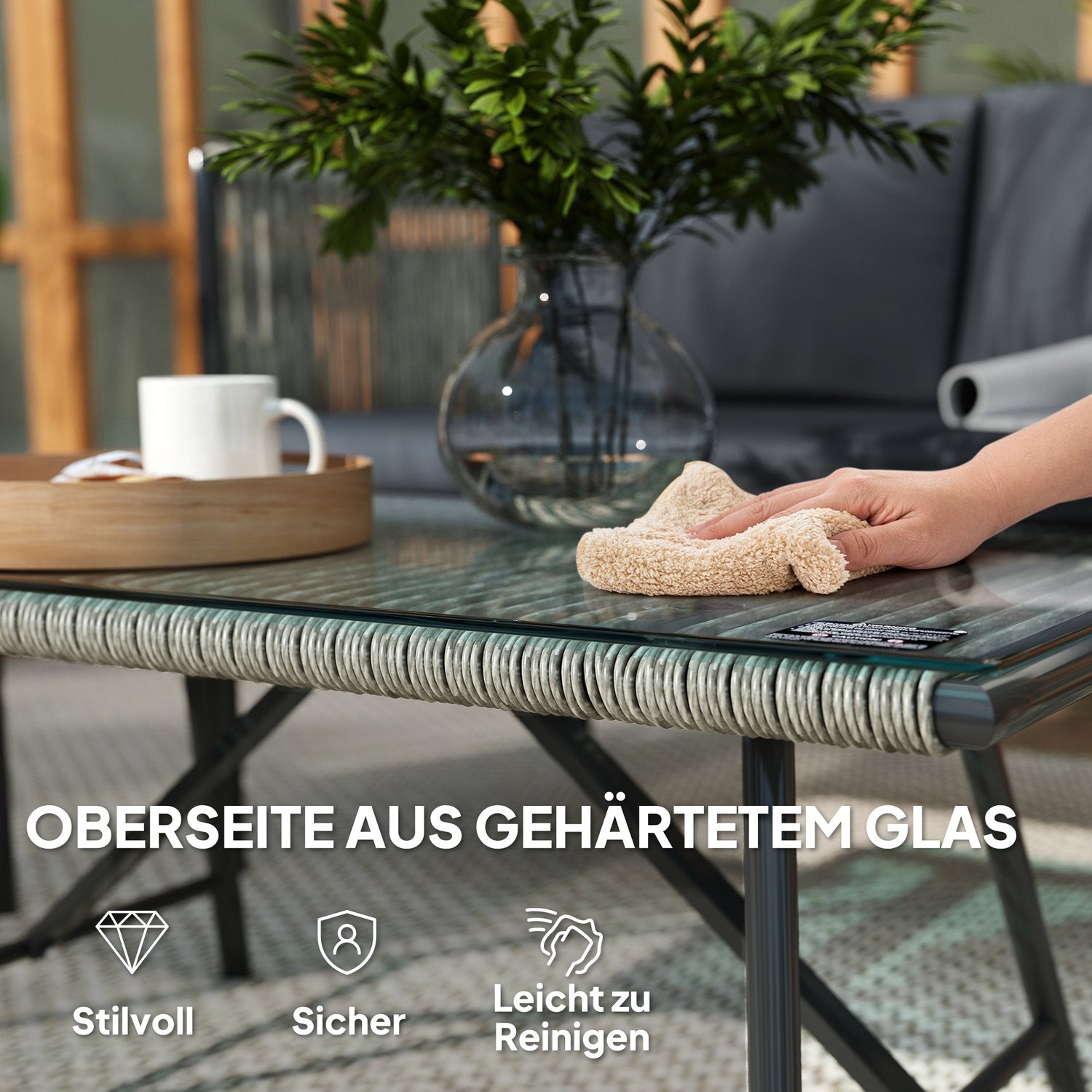 Trädgårdsmöbelset i polyrattan med kuddar – Grå