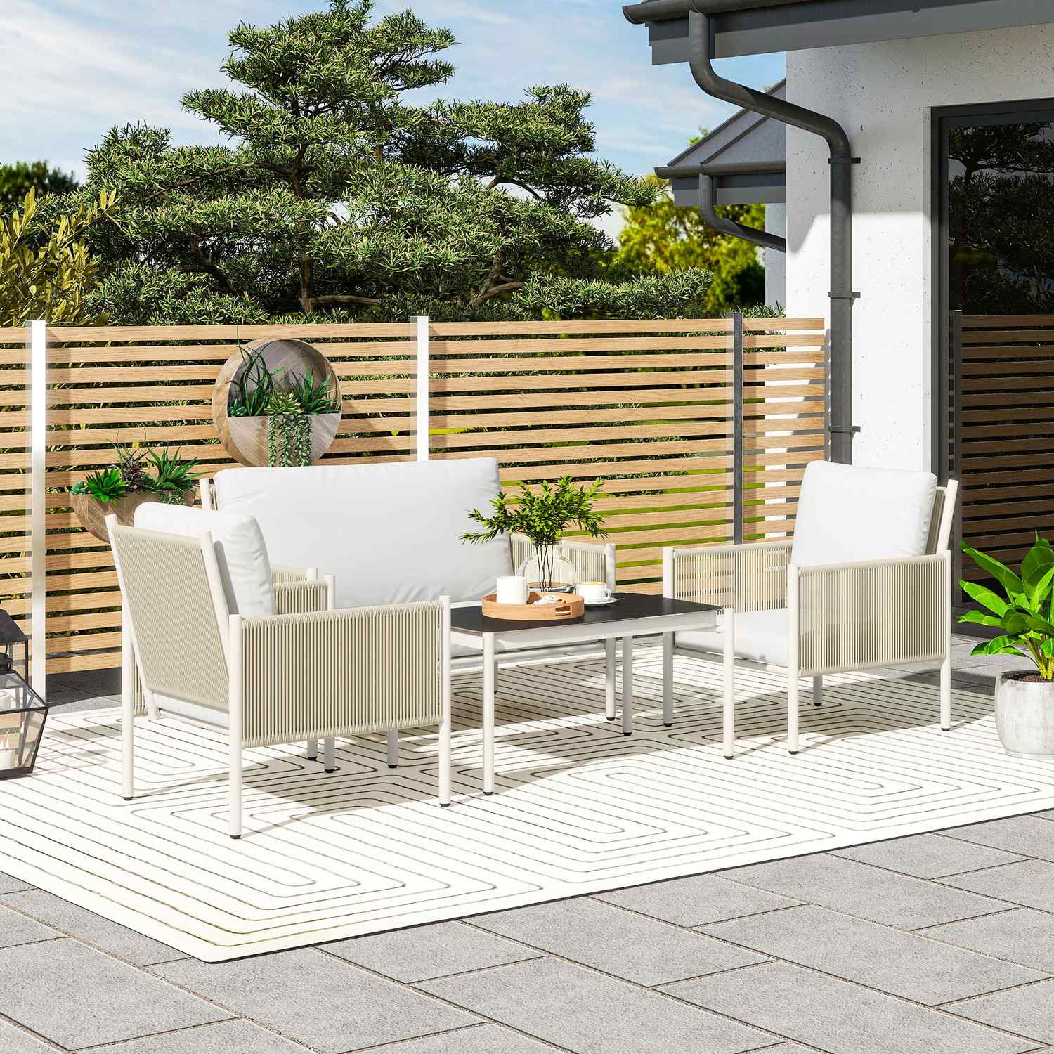Loungeset i polyrattan utomhus med kuddar, säten 4