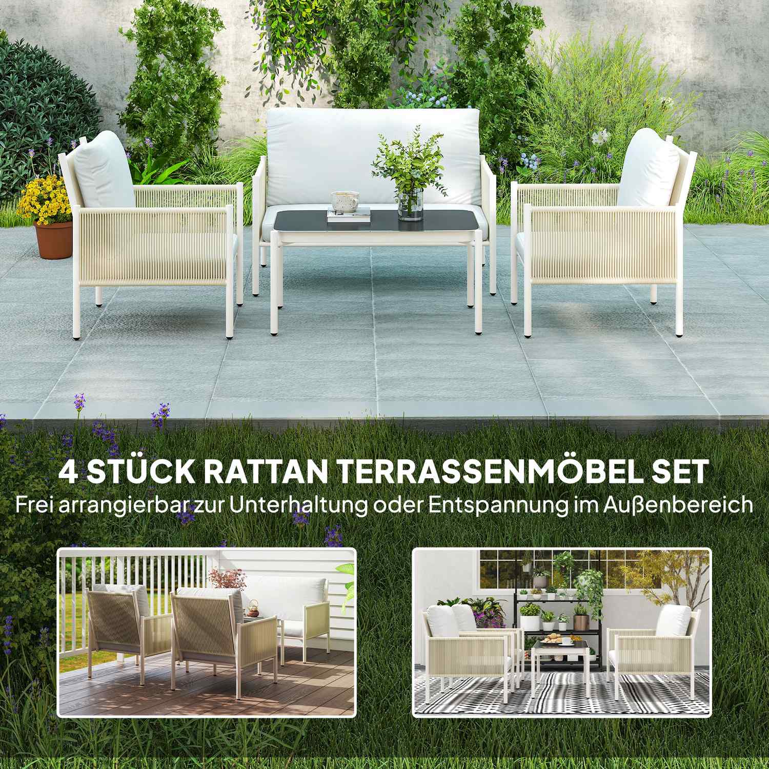 Loungeset i polyrattan utomhus med kuddar, säten 4