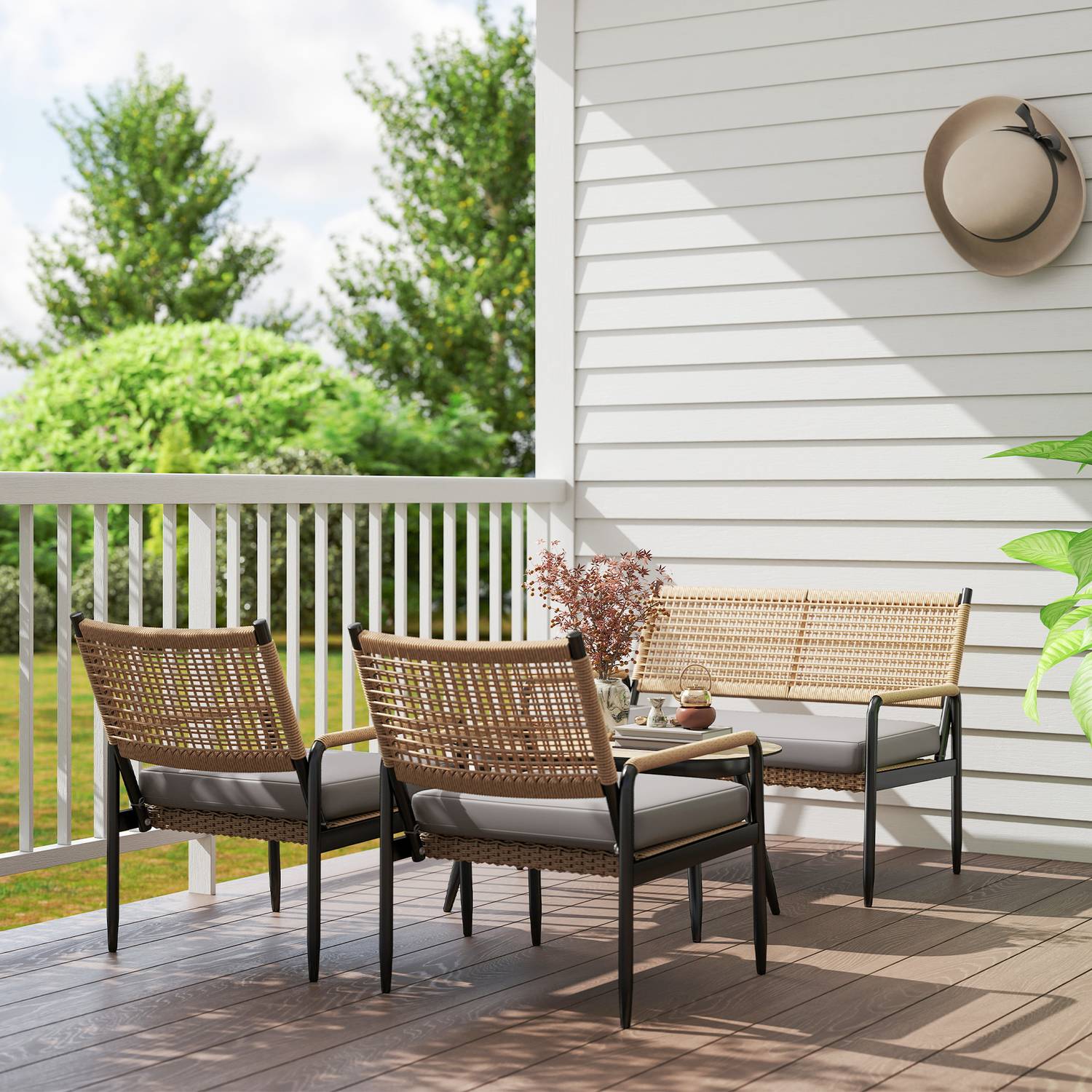 Polyrattan Outdoor Lounge Set, väderbeständig, dämpad, 4-personer