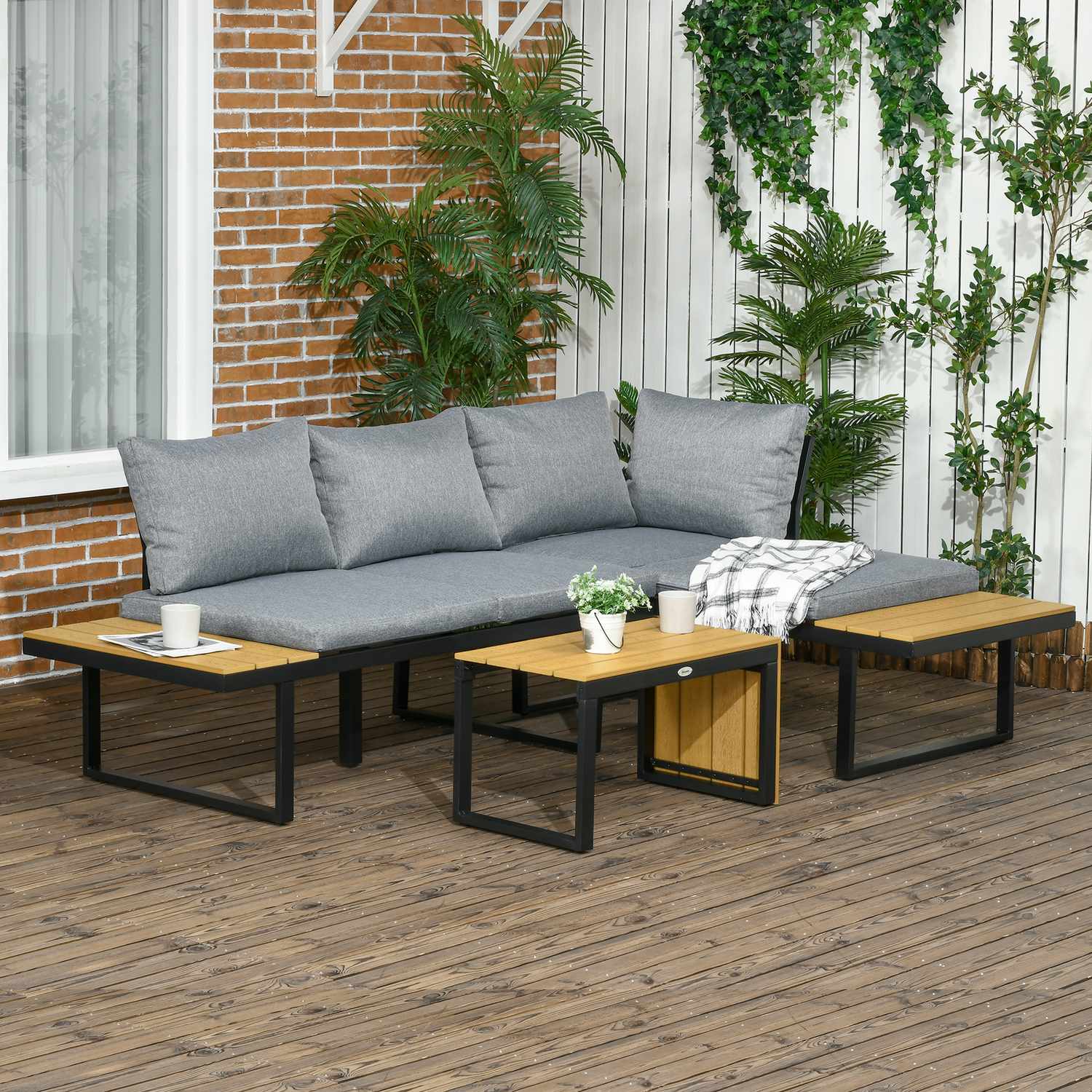 Trädgårdsmöbelset för 3, aluminium & trälook, mörkgrå