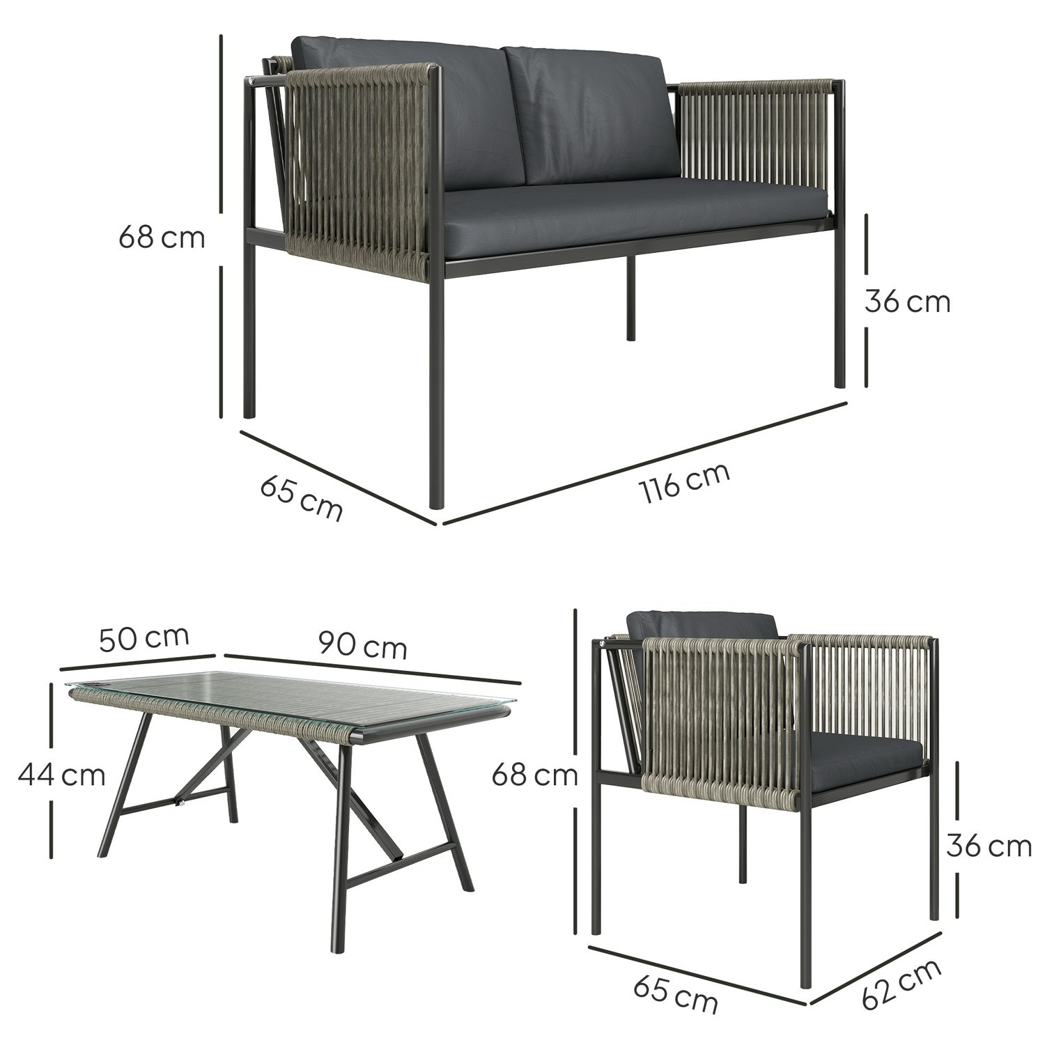 Trädgårdsmöbelset i polyrattan med kuddar – Grå