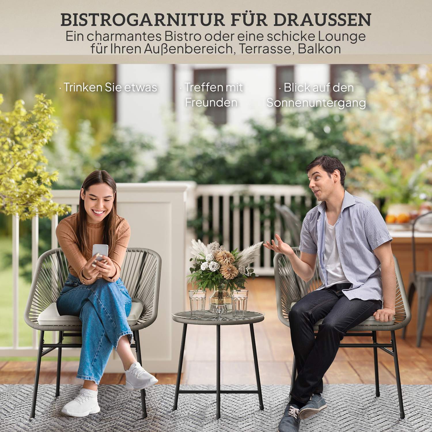 Loungeset i polyrattan utomhus, väderbeständig, 3-delad, mörkgrå