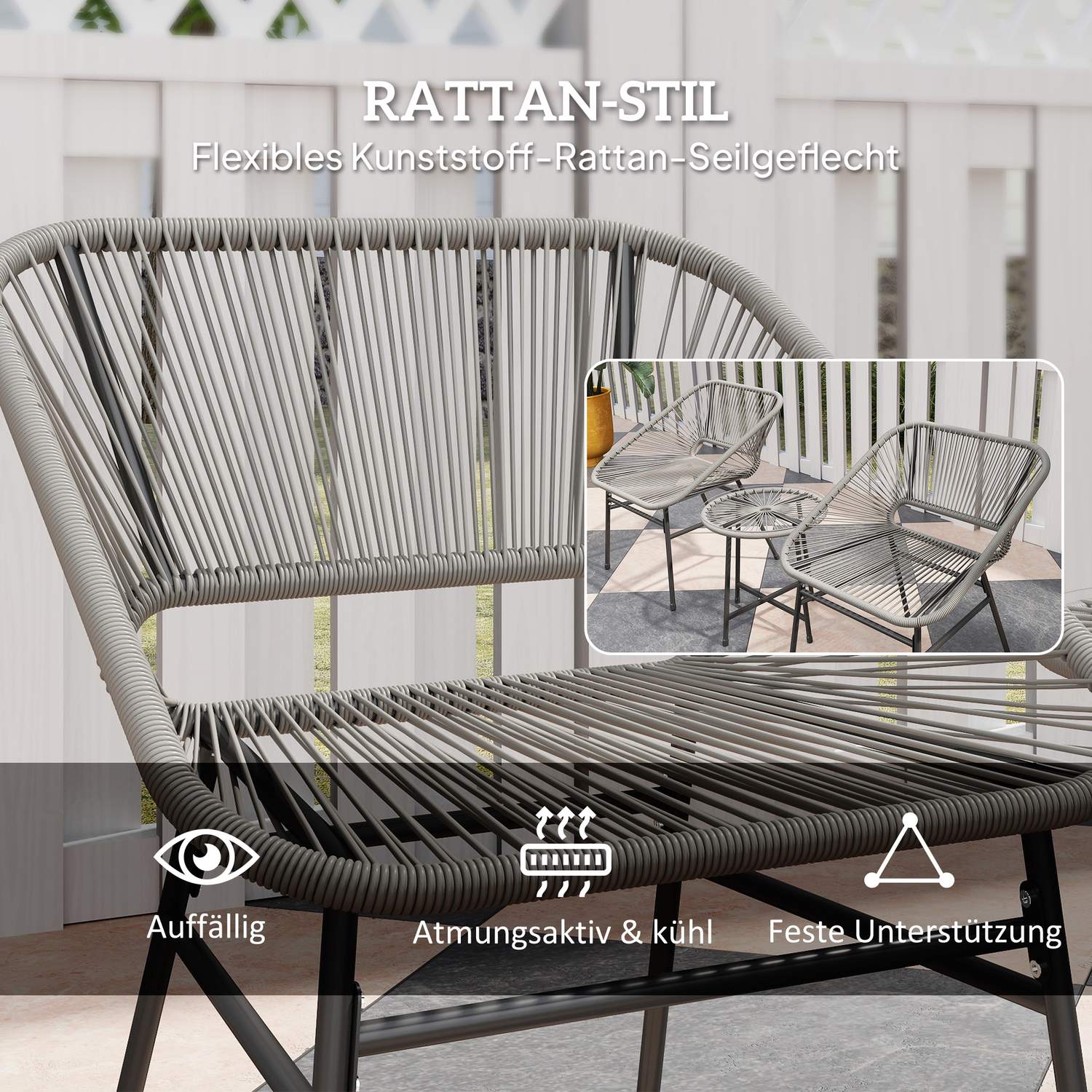 Loungeset i polyrattan utomhus, väderbeständig, 3-delad, mörkgrå