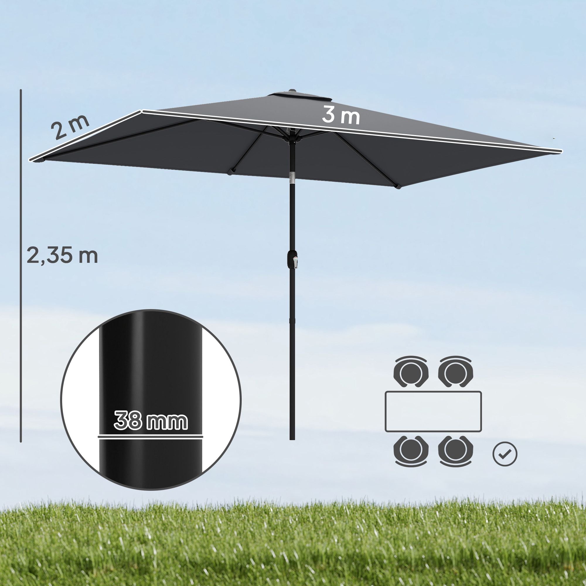 Trädgårdsparasoll, justerbar lutning, 300x200 cm, mörkgrå