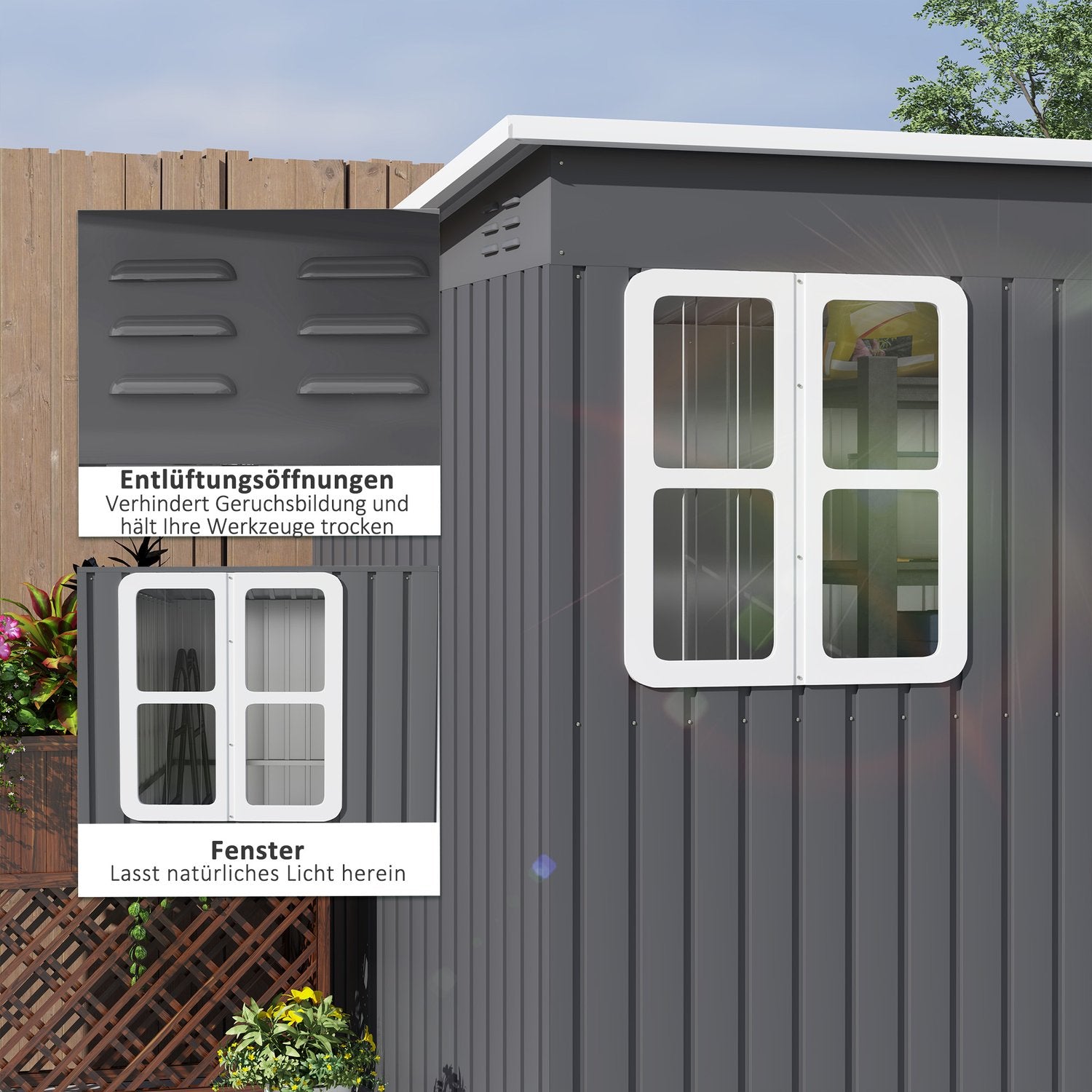 Trädgårdsredskapsbod i stål, 260x177x190 cm, Låsbar dörr