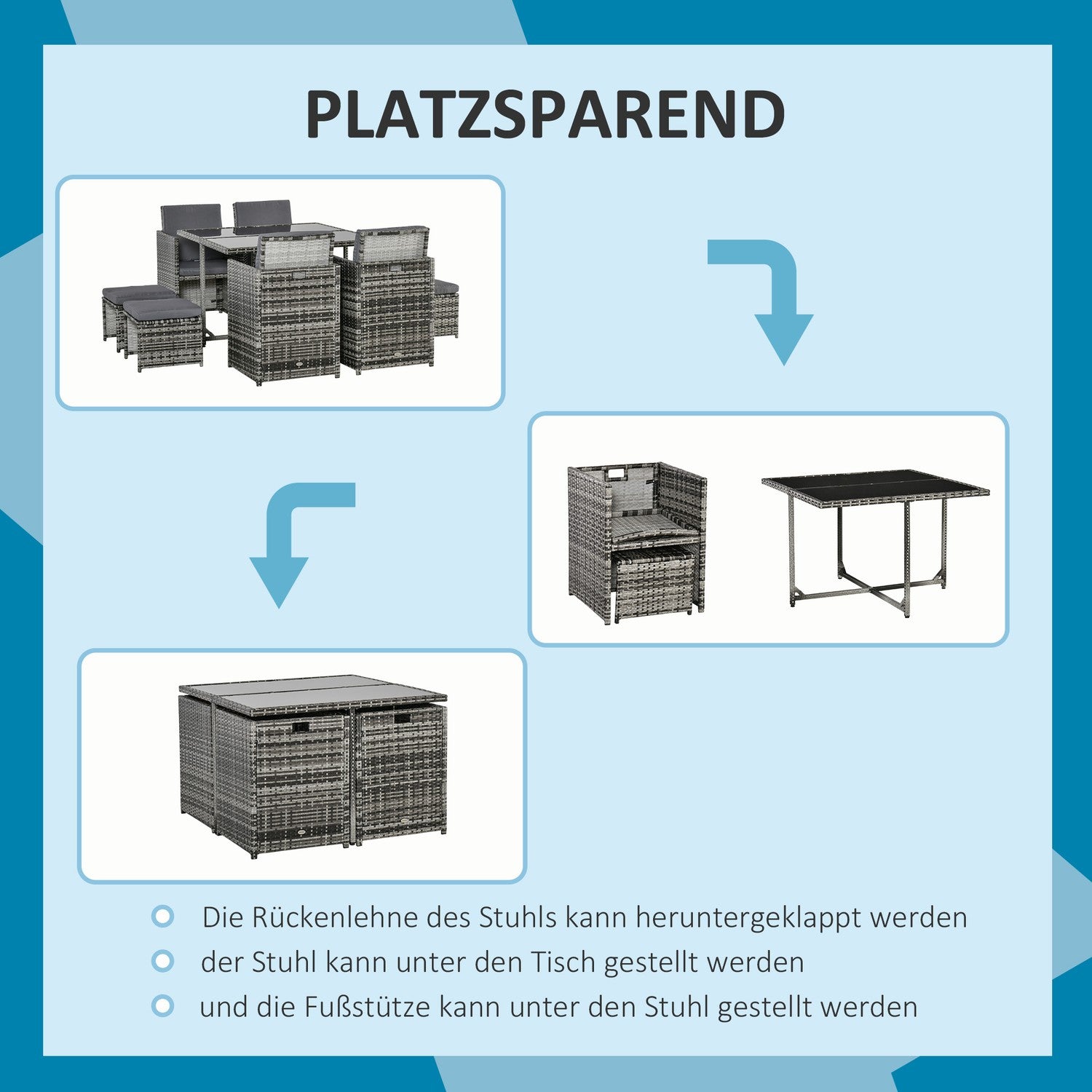 Trädgårdsset av polyrotting för 8 personer med gråa kuddar