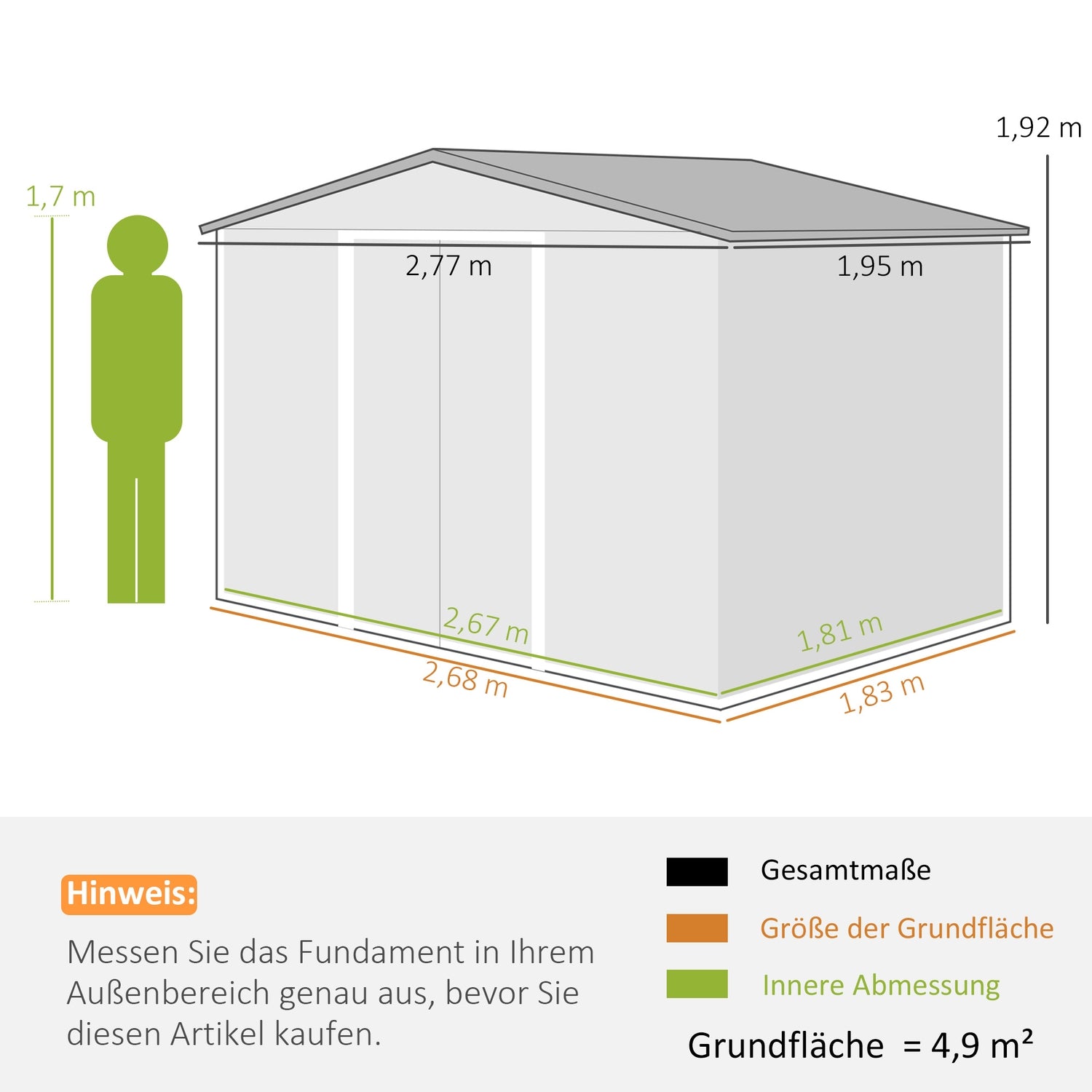 Trädgårdsskjul i galvaniserat stål, 4,9 m², väderbeständig och låsbar