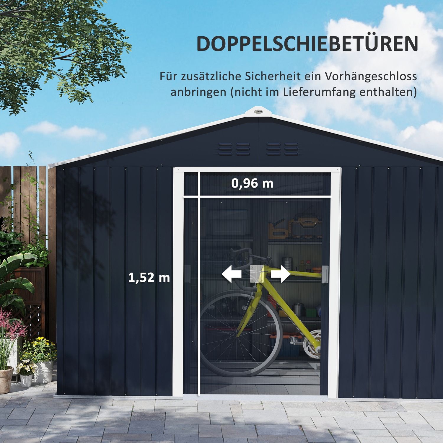 Trädgårdsskjul i galvaniserat stål, 4,9 m², väderbeständig och låsbar