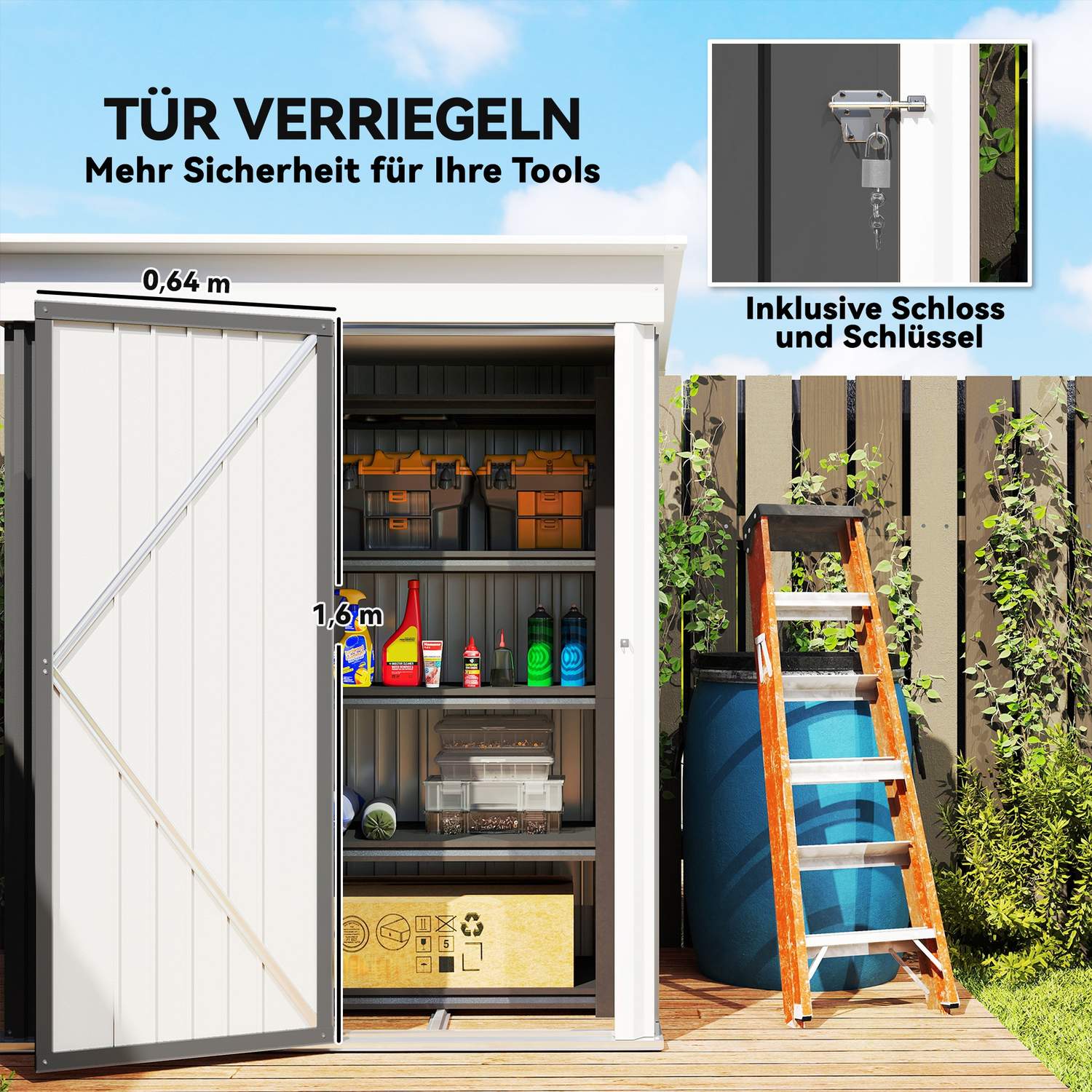 Trädgårdsskjul i metall, justerbara hyllor, låsbar dörr