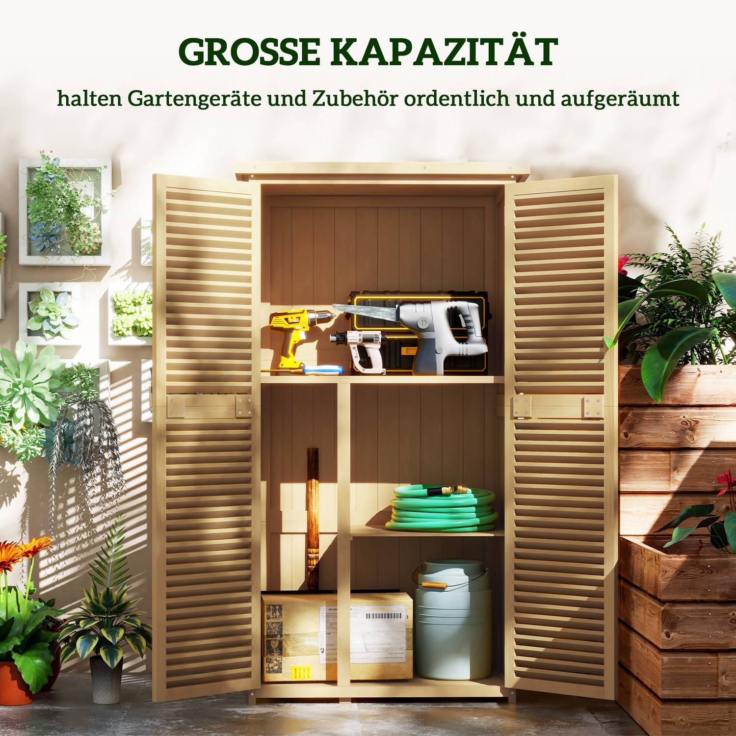 Trädgårdsredskapsbod i trä, asfalttak, 4 fack