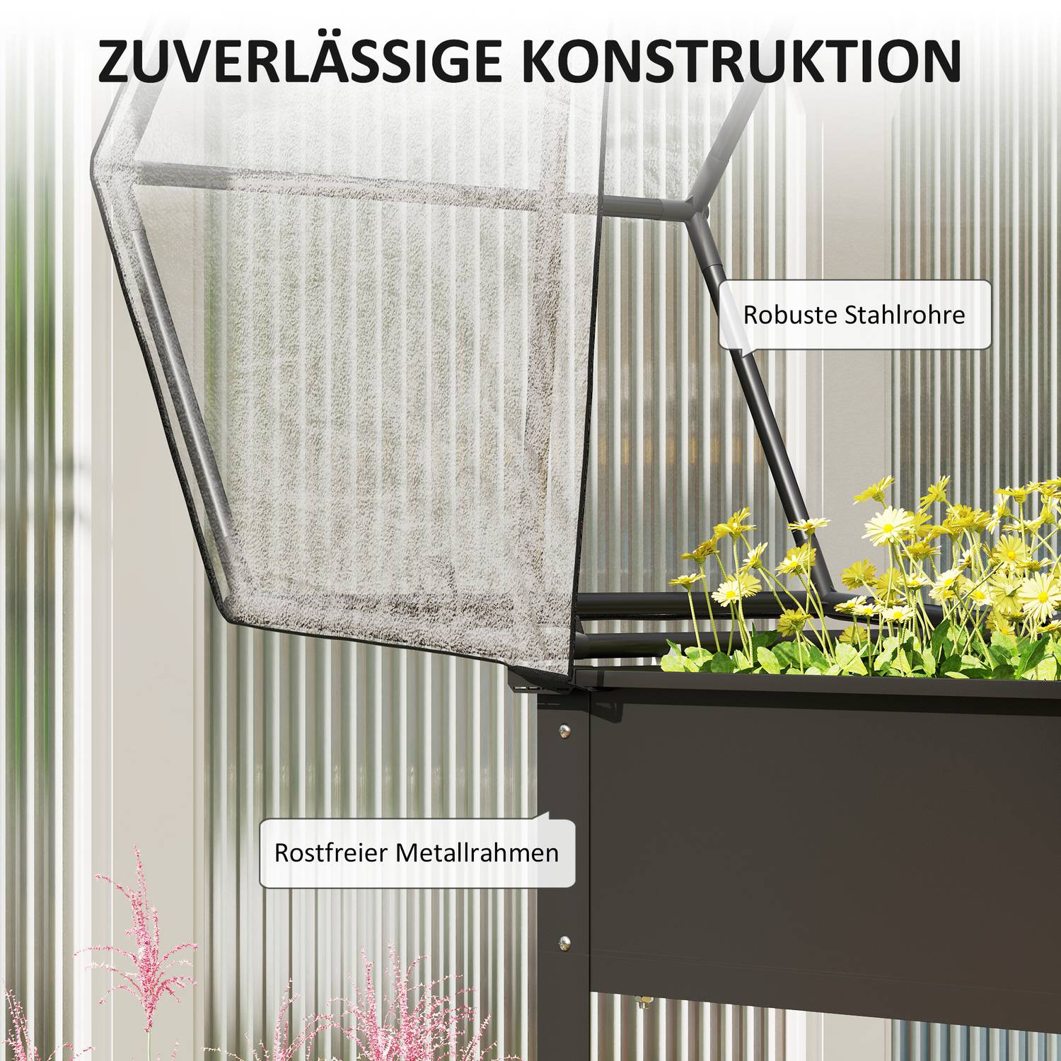 Trädgårdssäng i metall med täckning och dränering, svart