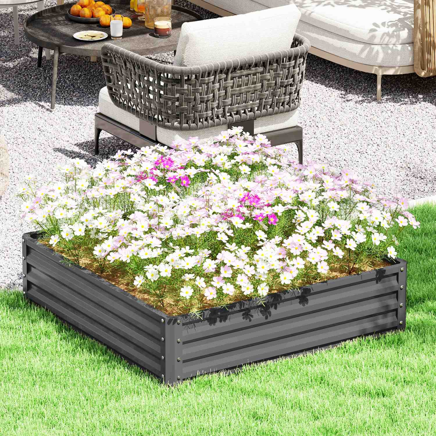 Trädgårdssäng, plantering med stålhölje, ljusgrå, 120 x 120 x 30 cm
