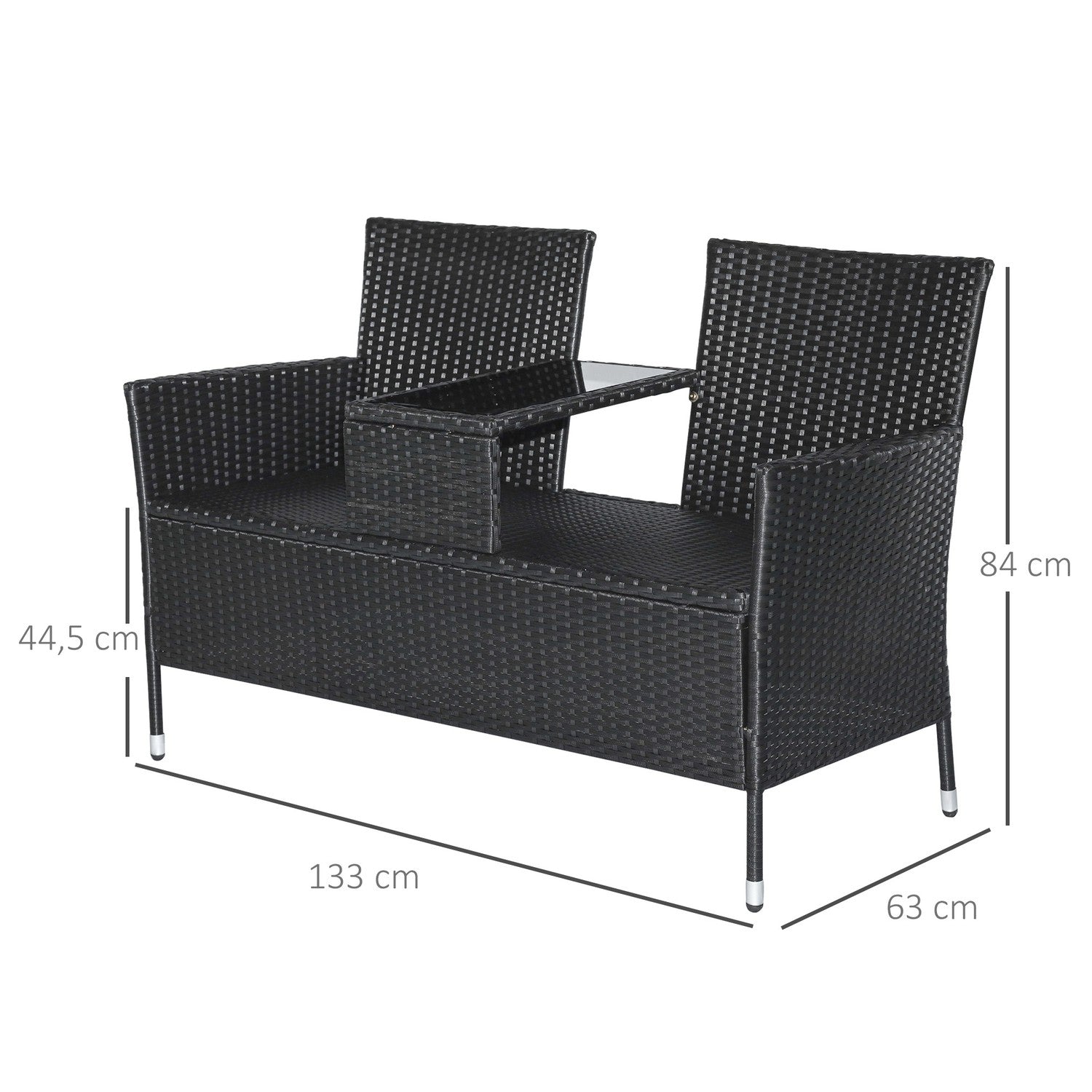 Trädgårdssoffa 2-sits polyrattan med bord, svart
