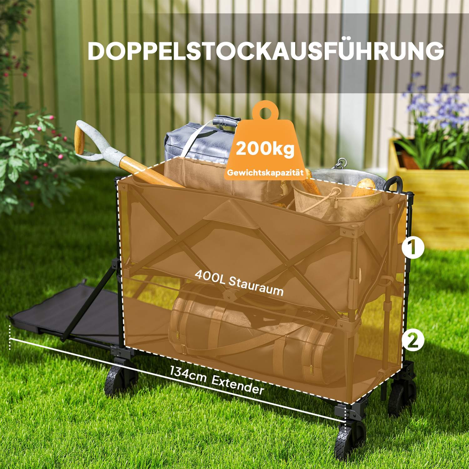 Trädgårdsvagn, 200 kg lastkapacitet, hopfällbar med hjul