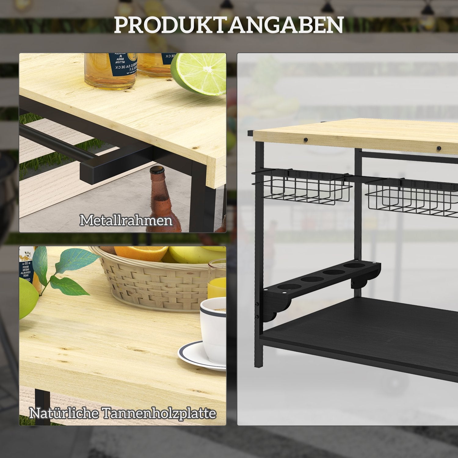 Trädgårdsvagn för utomhusbruk – 2 våningar, granved, förvaringskorg