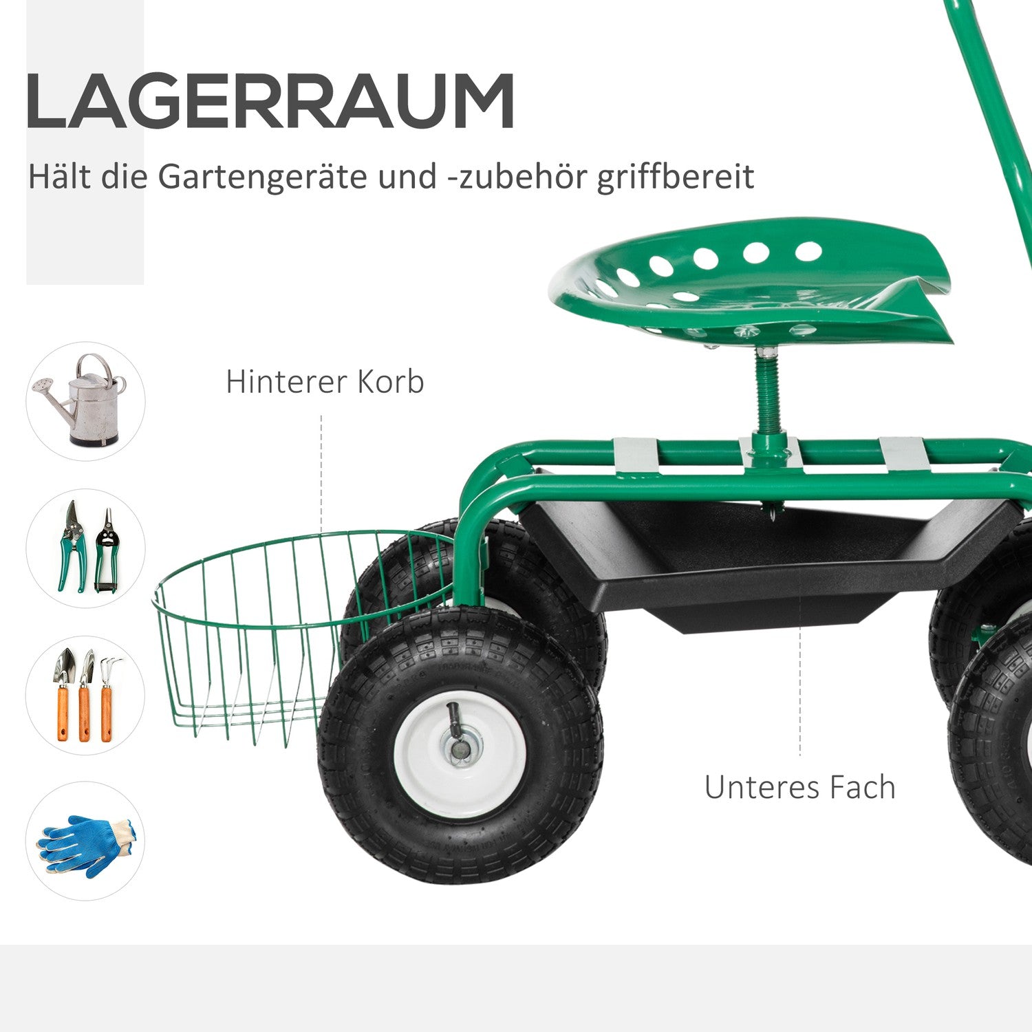 Trädgårdsvagn med vridbar sits, justerbar, 150 kg kapacitet