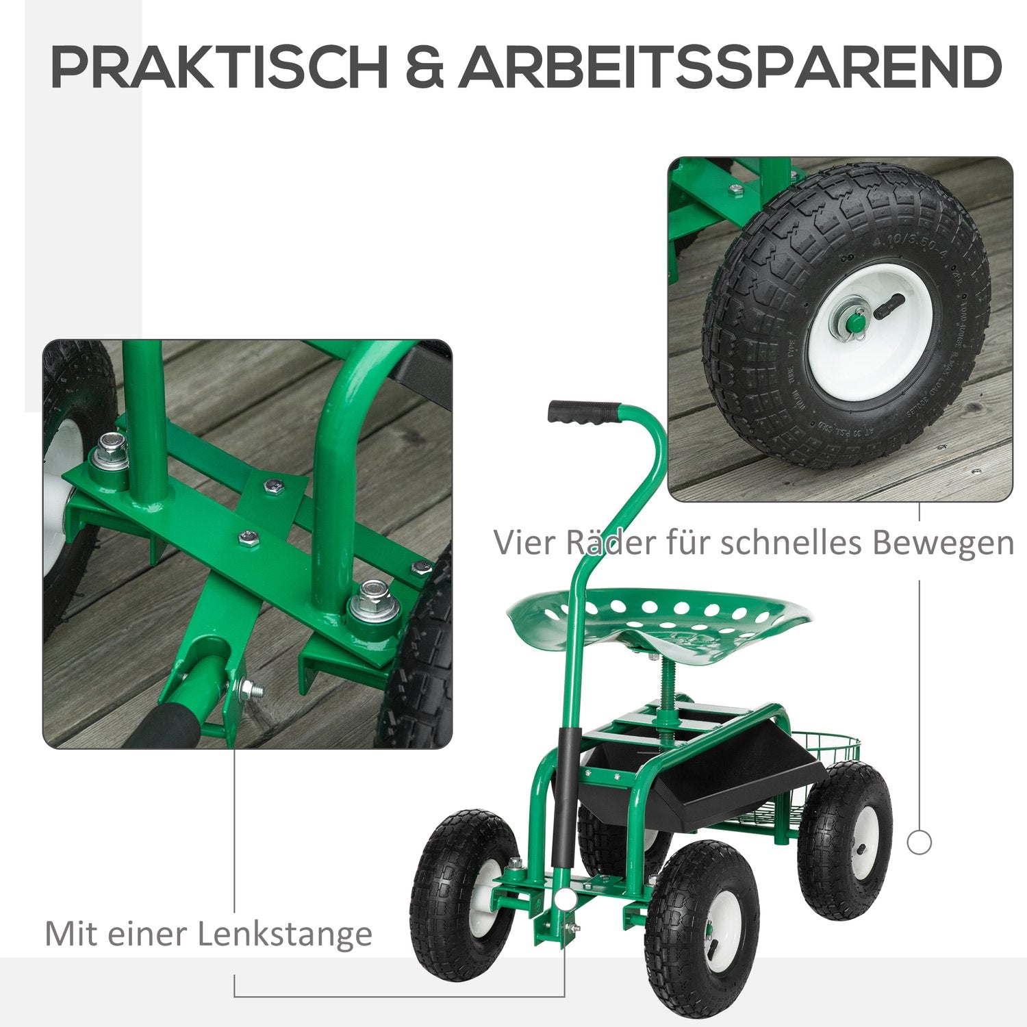 Trädgårdsvagn med vridbar sits, justerbar, 150 kg kapacitet