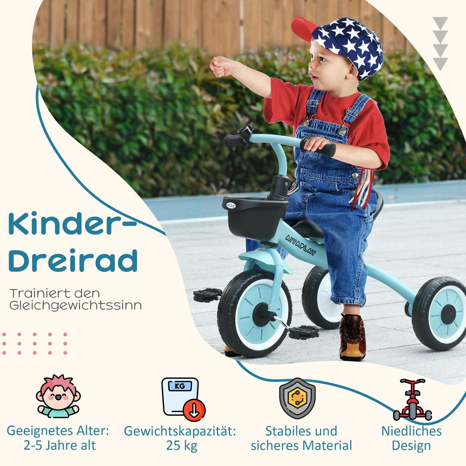 Trehjuling för barn med justerbar sits och korg, 2-5 år