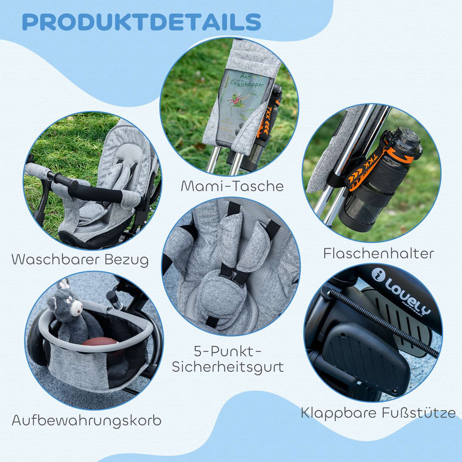 Trehjuling för barn, barncykel, ryggkorg, mugghållare, solskydd, metall, grå