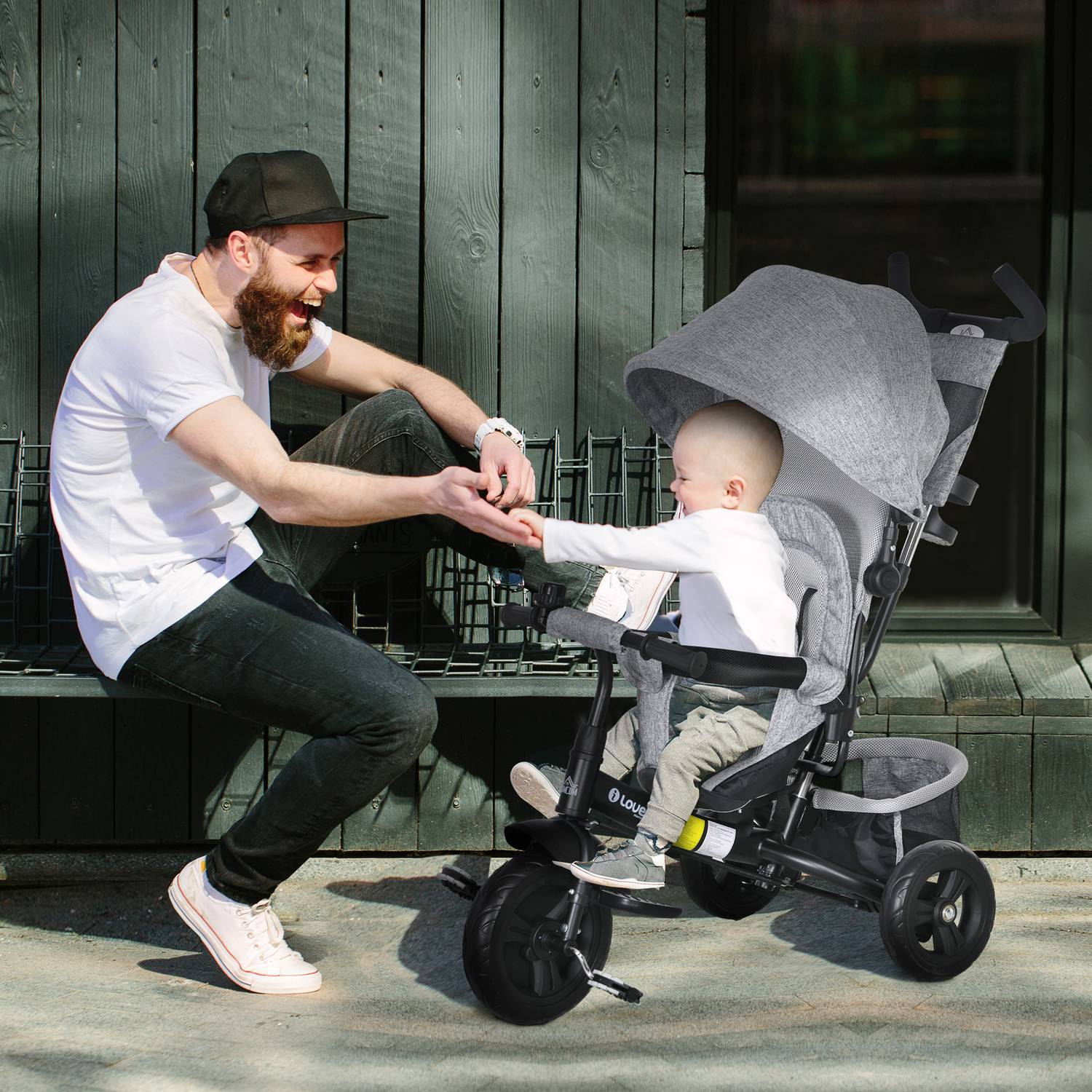 Trehjuling för barn, barncykel, ryggkorg, mugghållare, solskydd, metall, grå