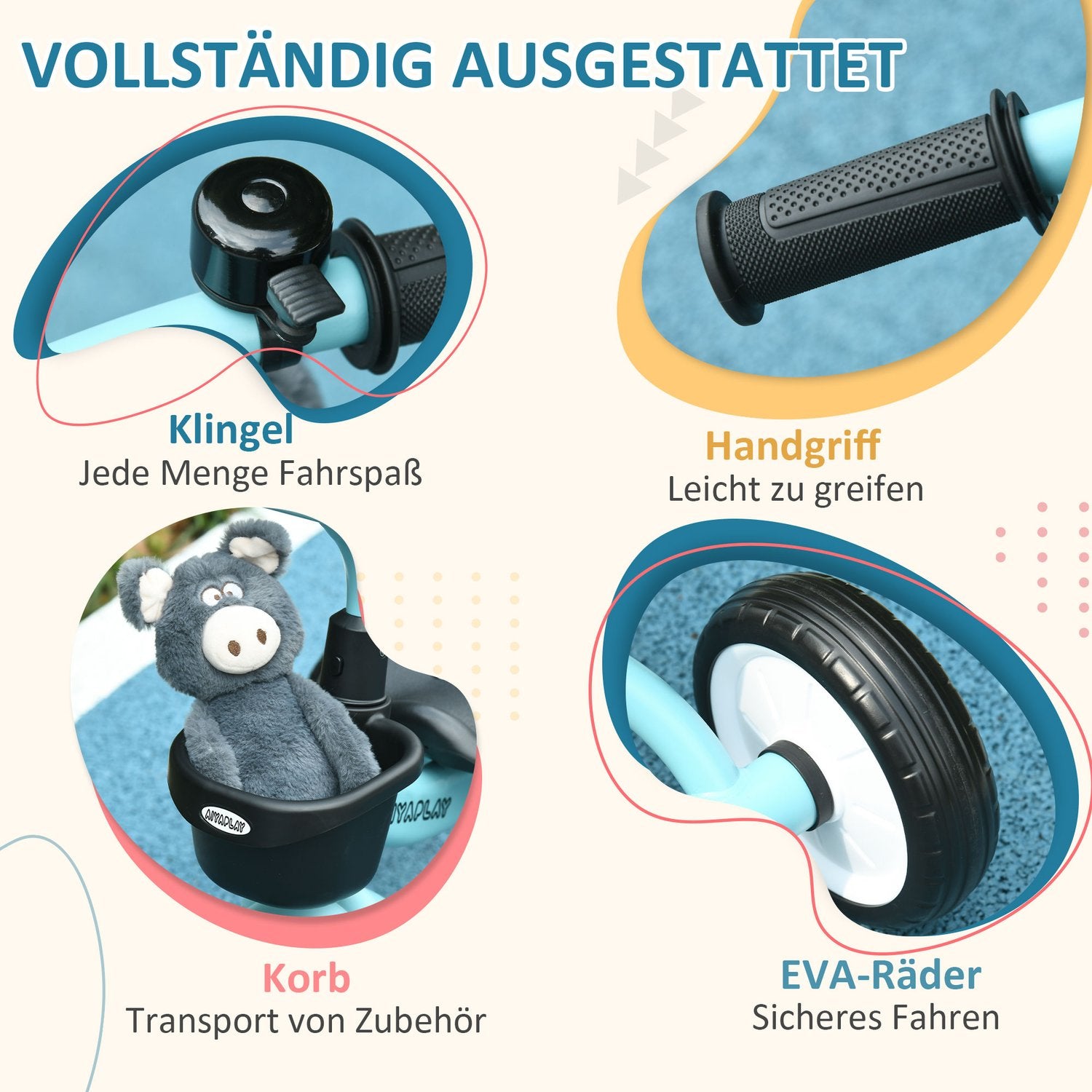 Trehjuling för barn med justerbar sits och korg, 2-5 år
