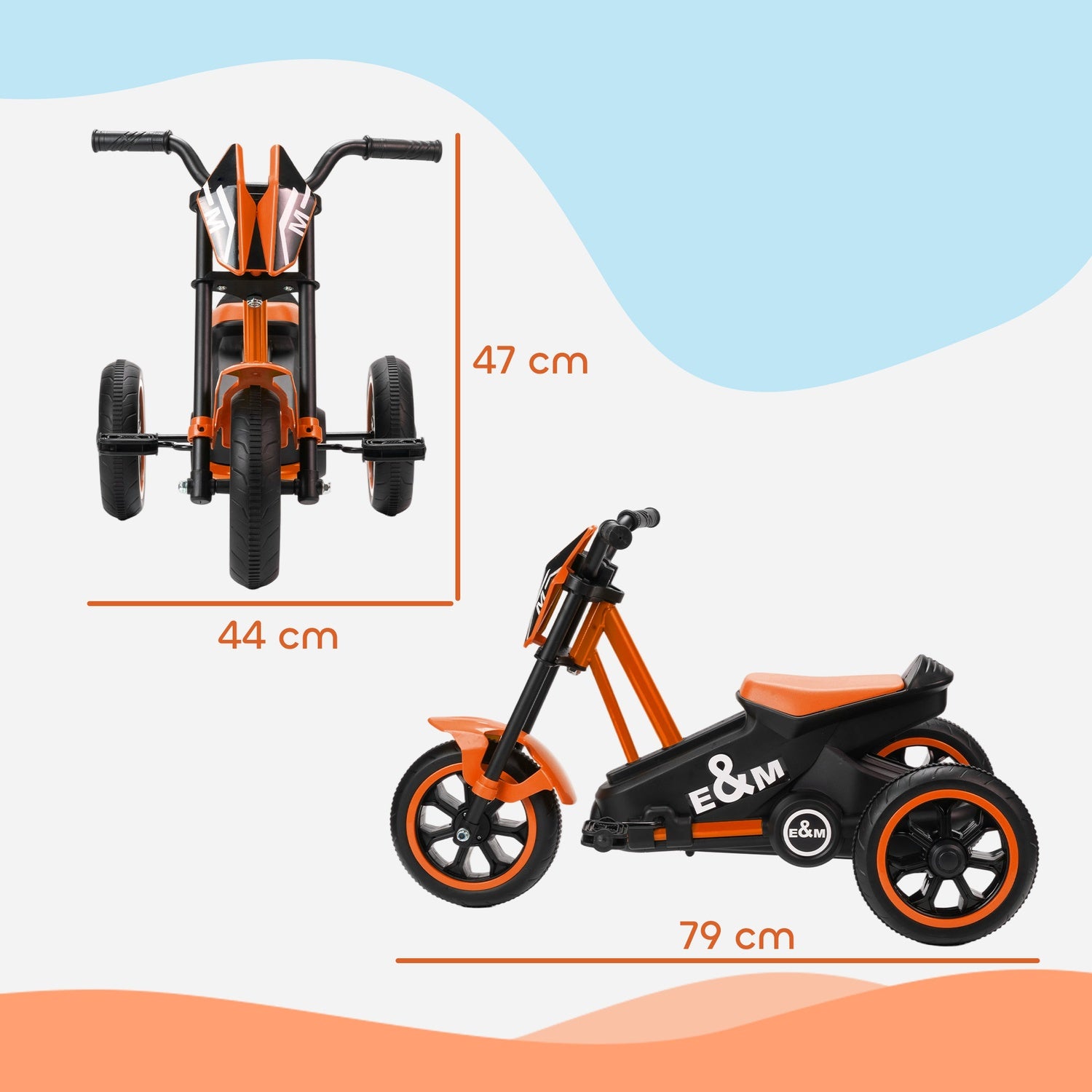 Trehjuling för småbarn med pedaler, stålram, orange, 18-36 månader