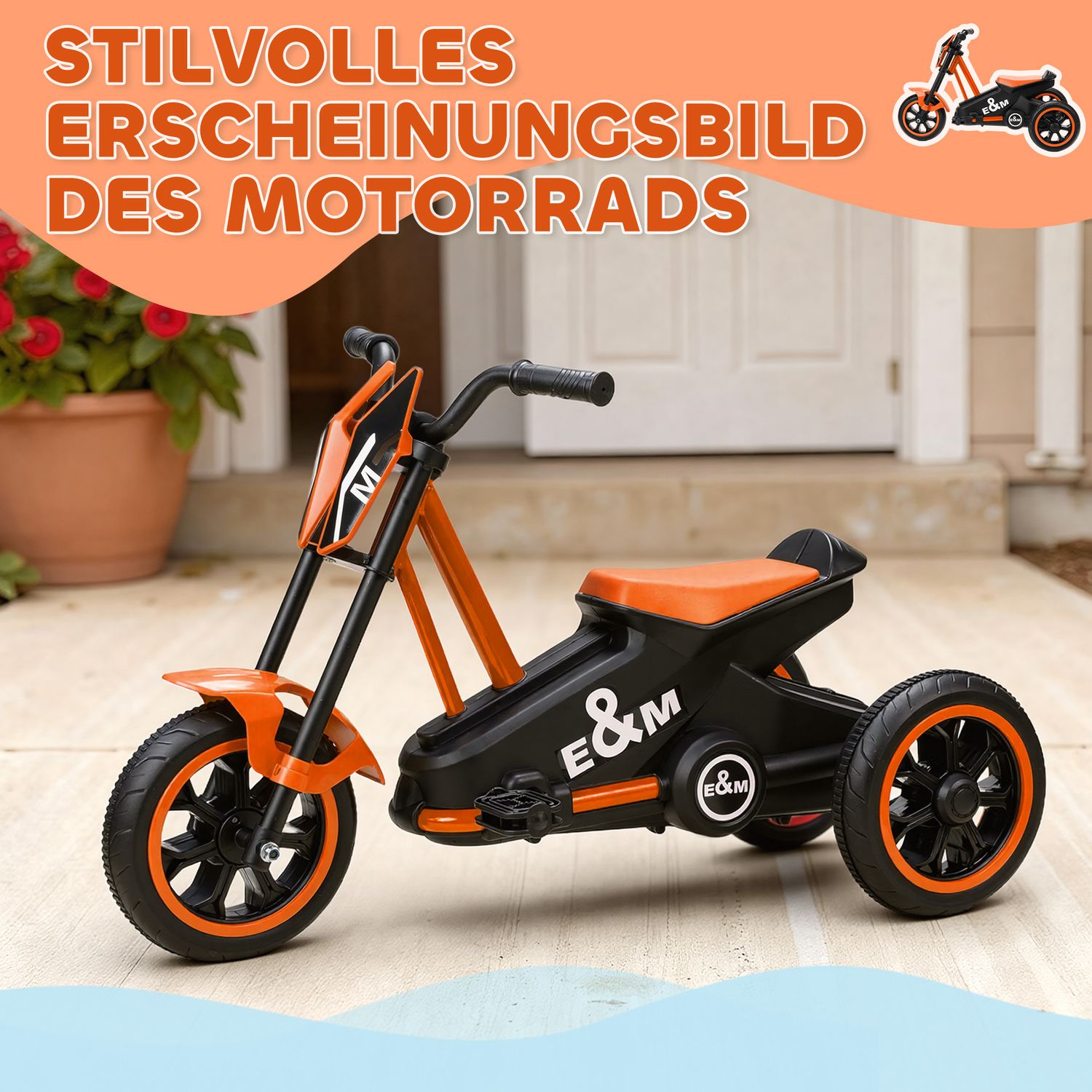 Trehjuling för småbarn med pedaler, stålram, orange, 18-36 månader