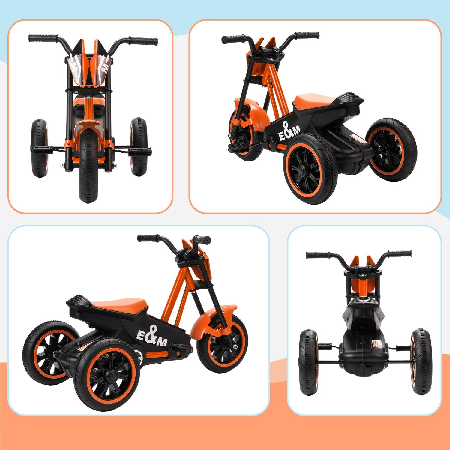 Trehjuling för småbarn med pedaler, stålram, orange, 18-36 månader