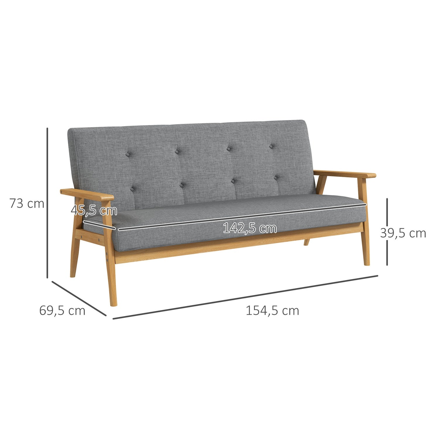 Tresits stoppad soffa, gummiträ, 154,5 x 69,5 x 73 cm, grå