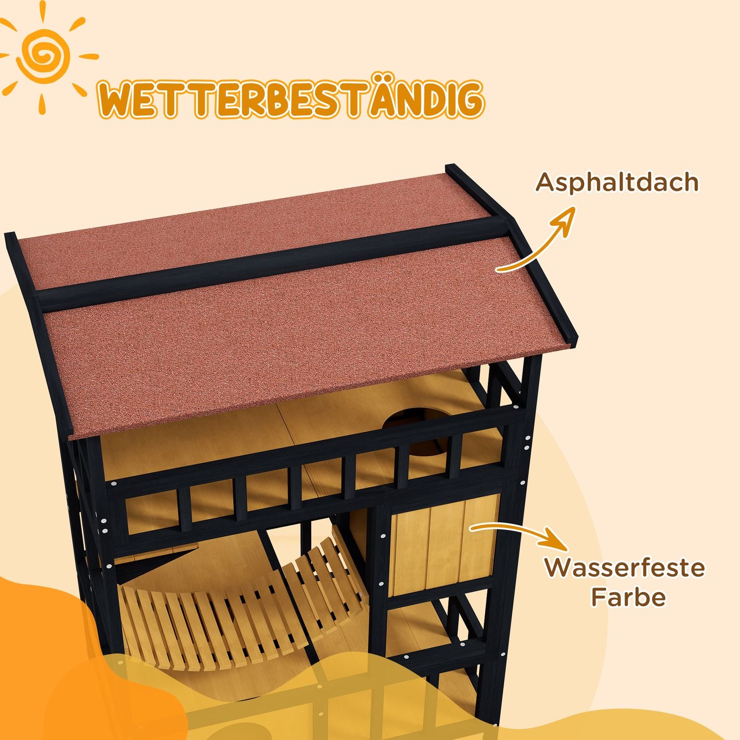 Träkatthus med plattformar och hängbro, gul